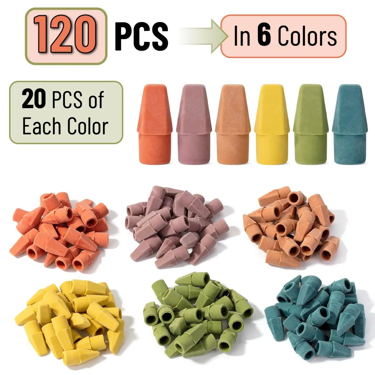 Mr. Pen Pencil Top Erasers, 120 Pack, Folk Festival Colors | Latex-Free & Smudge-Free Erasing - view 2