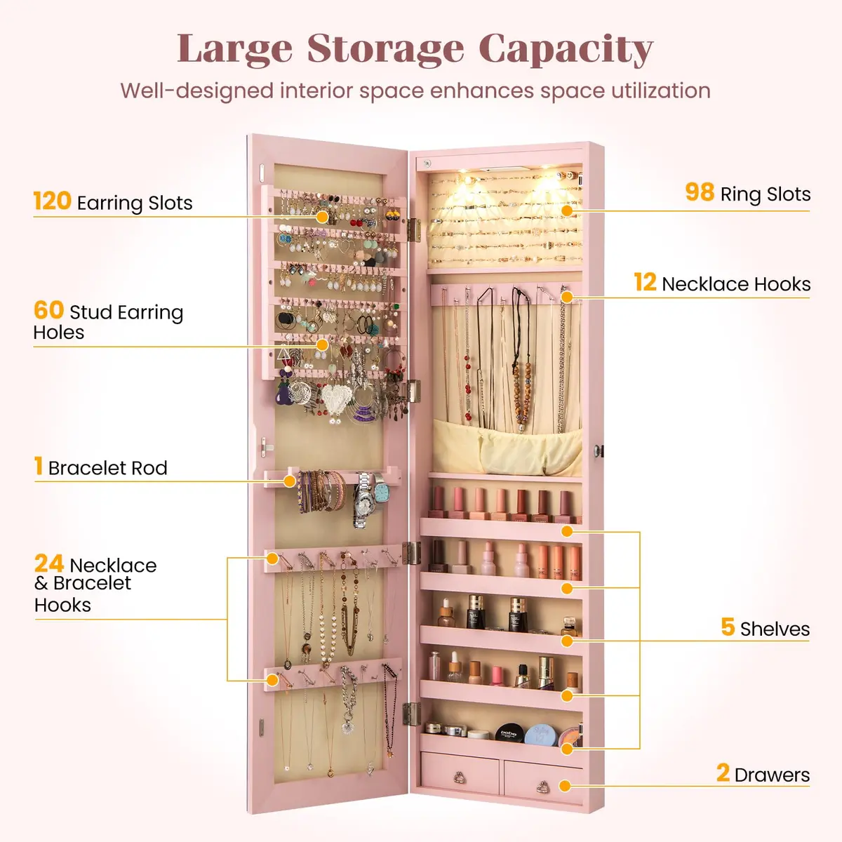 NAFORT Jewelry Armoire with Full Length Mirror | Lockable Wall or Door Mount Storage for Jewelry & Cosmetics - view 6