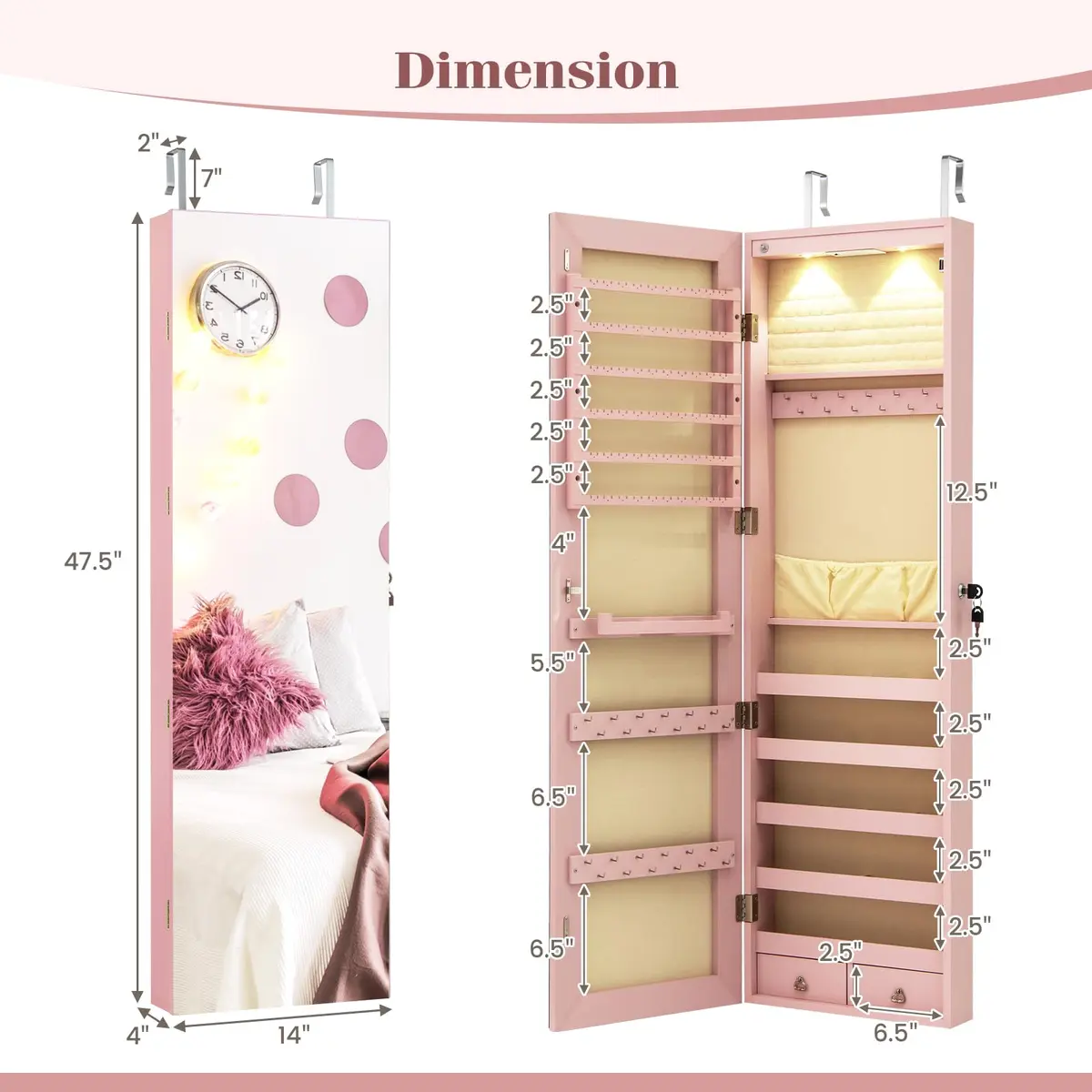 NAFORT Jewelry Armoire with Full Length Mirror | Lockable Wall or Door Mount Storage for Jewelry & Cosmetics - view 8
