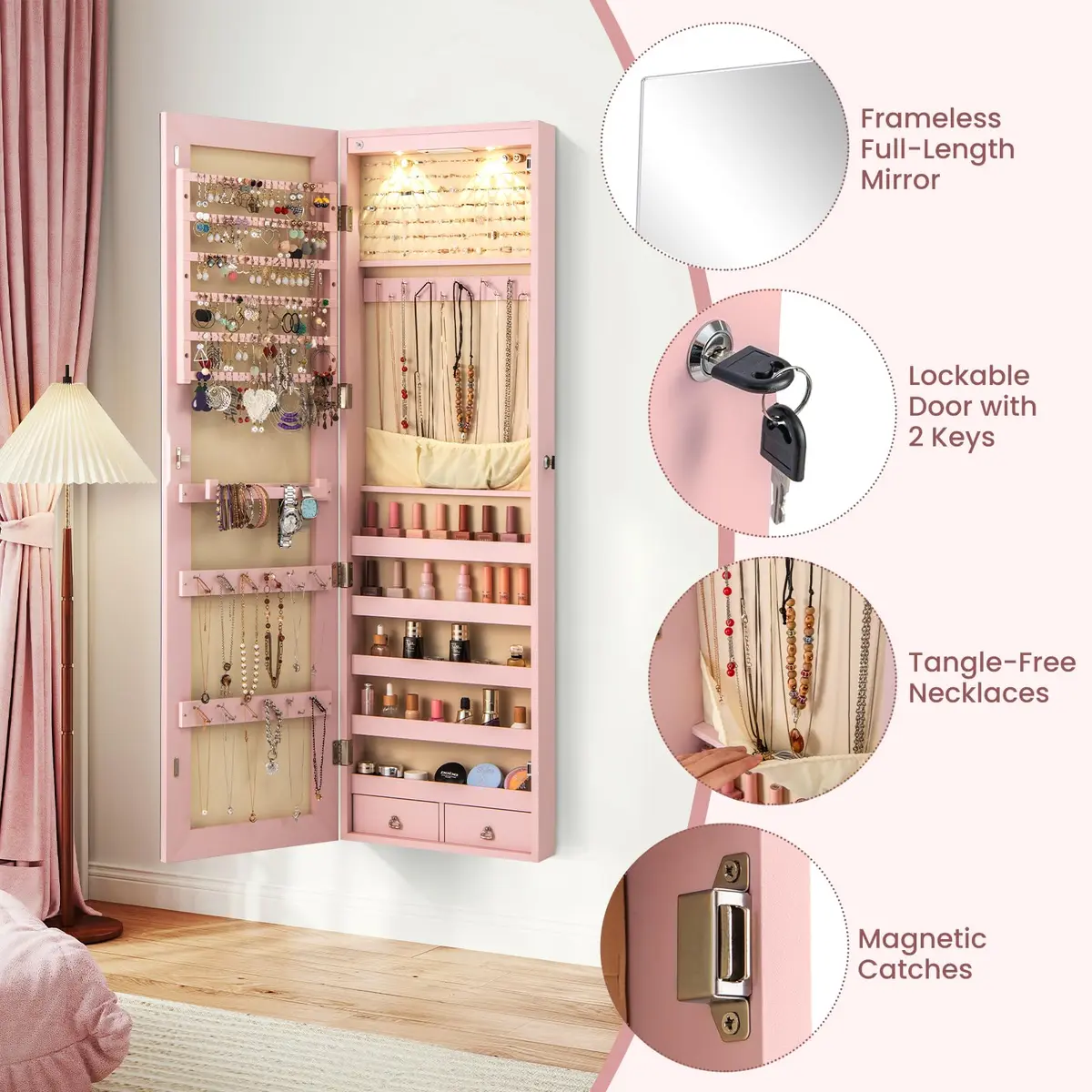 NAFORT Jewelry Armoire with Full Length Mirror | Lockable Wall or Door Mount Storage for Jewelry & Cosmetics - view 4
