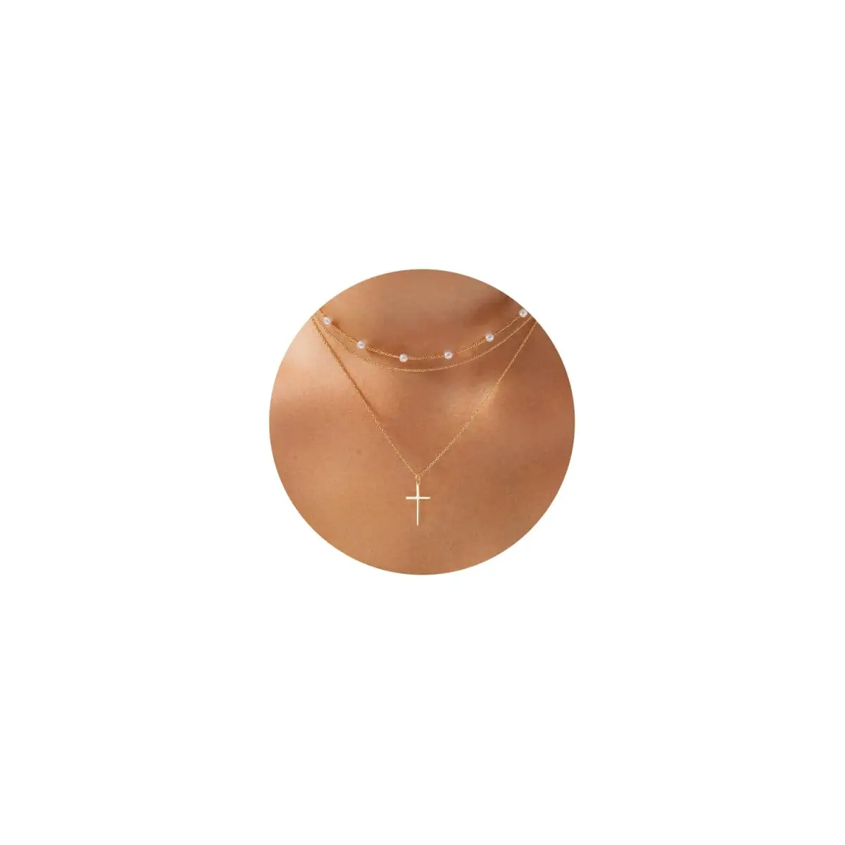 HERIER 3-Layer Gold Pearl Cross Necklace for Women | Elegant Faith & Fashion Jewelry (18K Gold Plated) - main product image