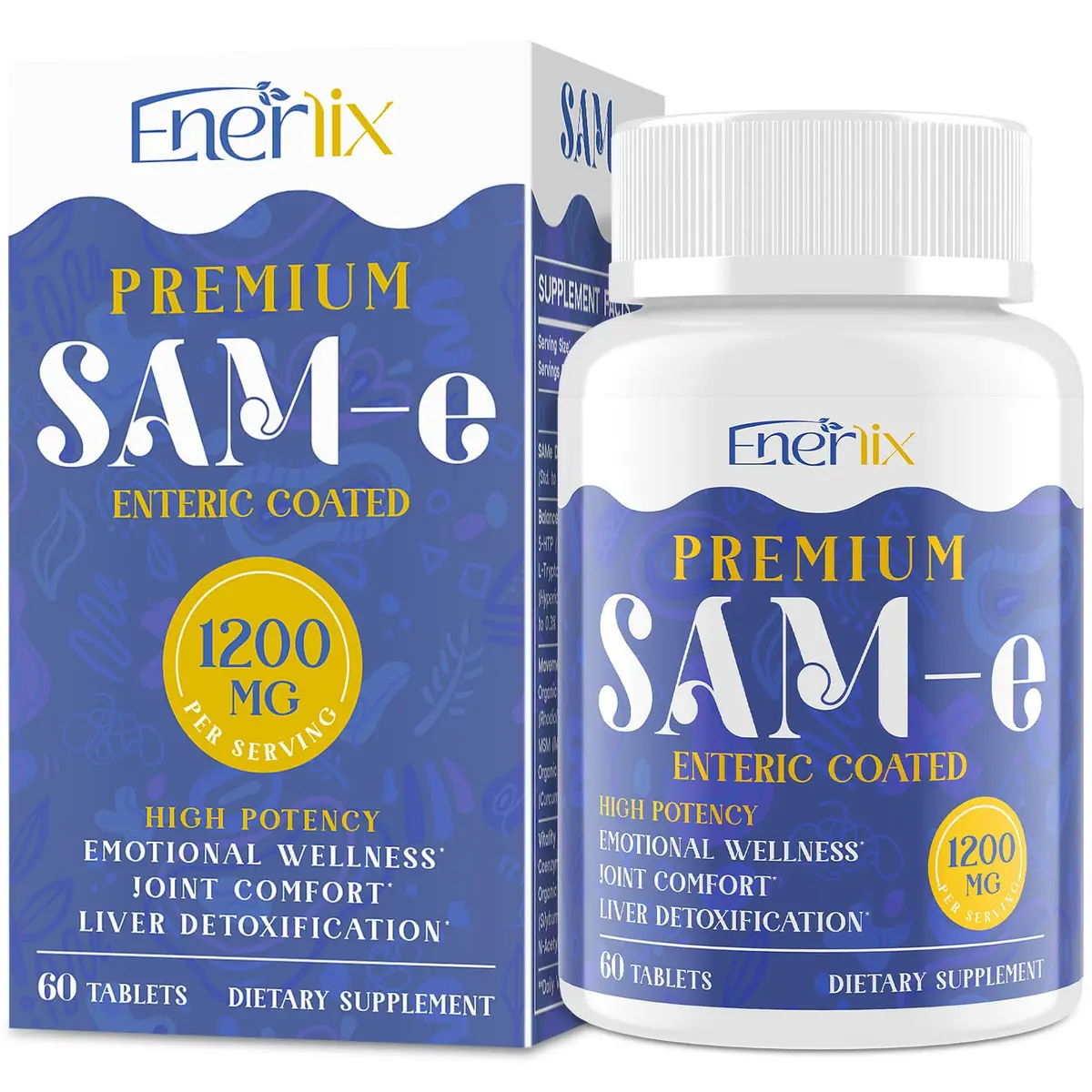 Enerlix SAM-e Supplement with CoQ10 & 5-HTP | 60 Tablets | Enteric Coated for Better Absorption - main product image