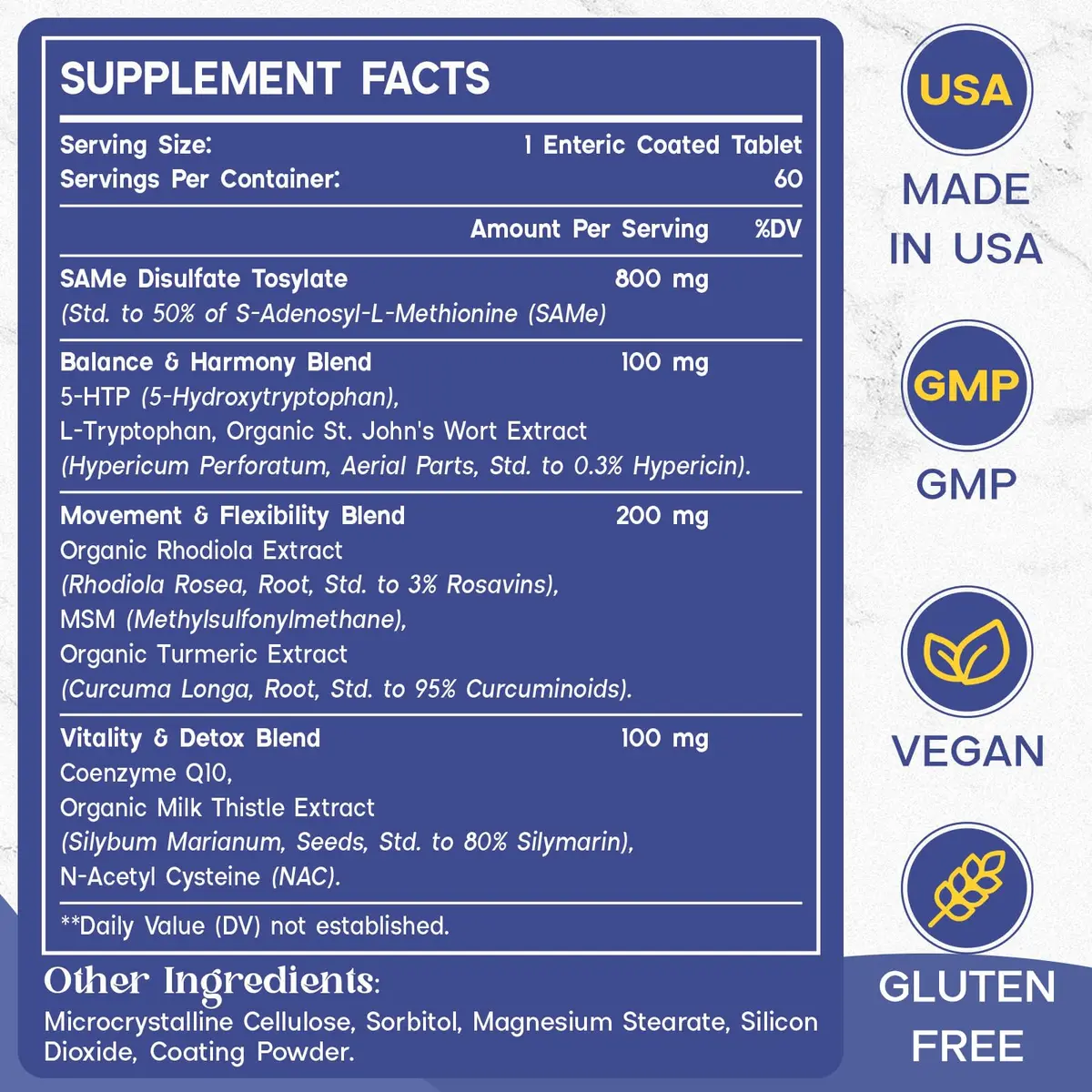 Enerlix SAM-e Supplement with CoQ10 & 5-HTP | 60 Tablets | Enteric Coated for Better Absorption - view 2