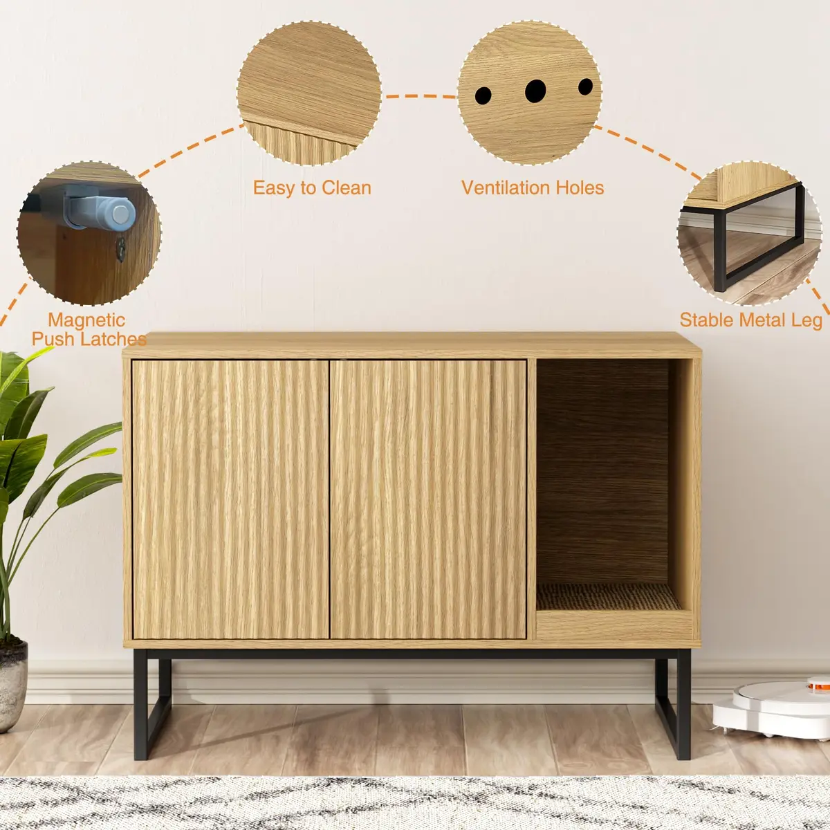 FiveWillowise Cat Litter Box Enclosure, Modern Fluted Design, 31.5 x 17.7 x 21.7 Inches, Natural - view 5