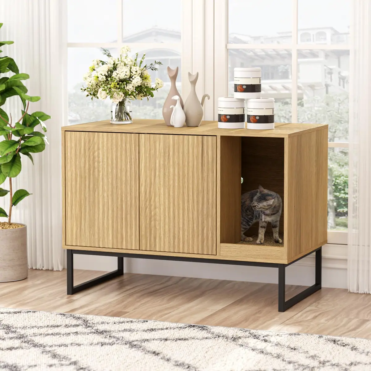 FiveWillowise Cat Litter Box Enclosure, Modern Fluted Design, 31.5 x 17.7 x 21.7 Inches, Natural - main product image