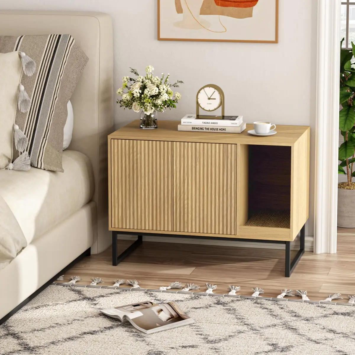 FiveWillowise Cat Litter Box Enclosure, Modern Fluted Design, 31.5 x 17.7 x 21.7 Inches, Natural - view 7