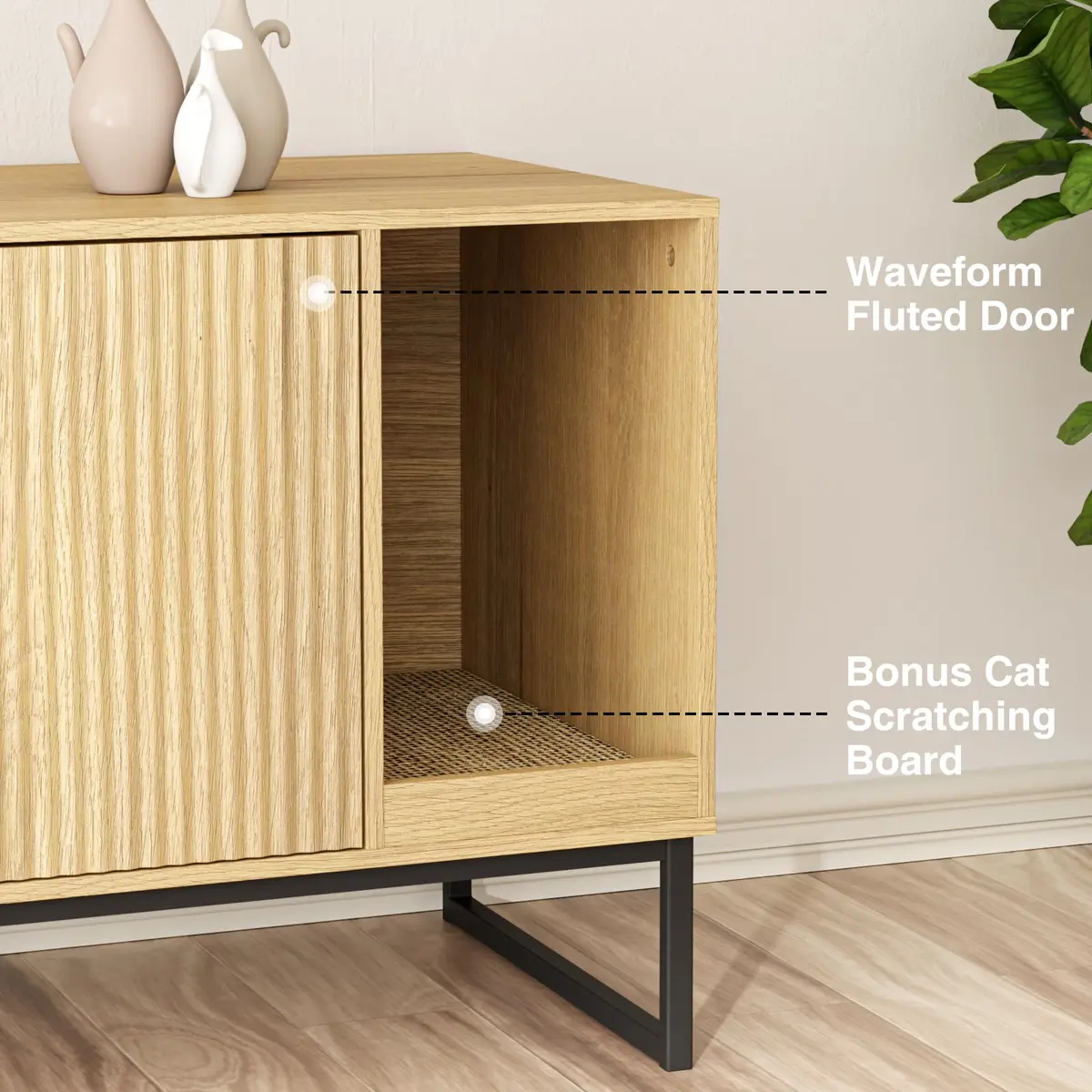 FiveWillowise Cat Litter Box Enclosure, Modern Fluted Design, 31.5 x 17.7 x 21.7 Inches, Natural - view 2
