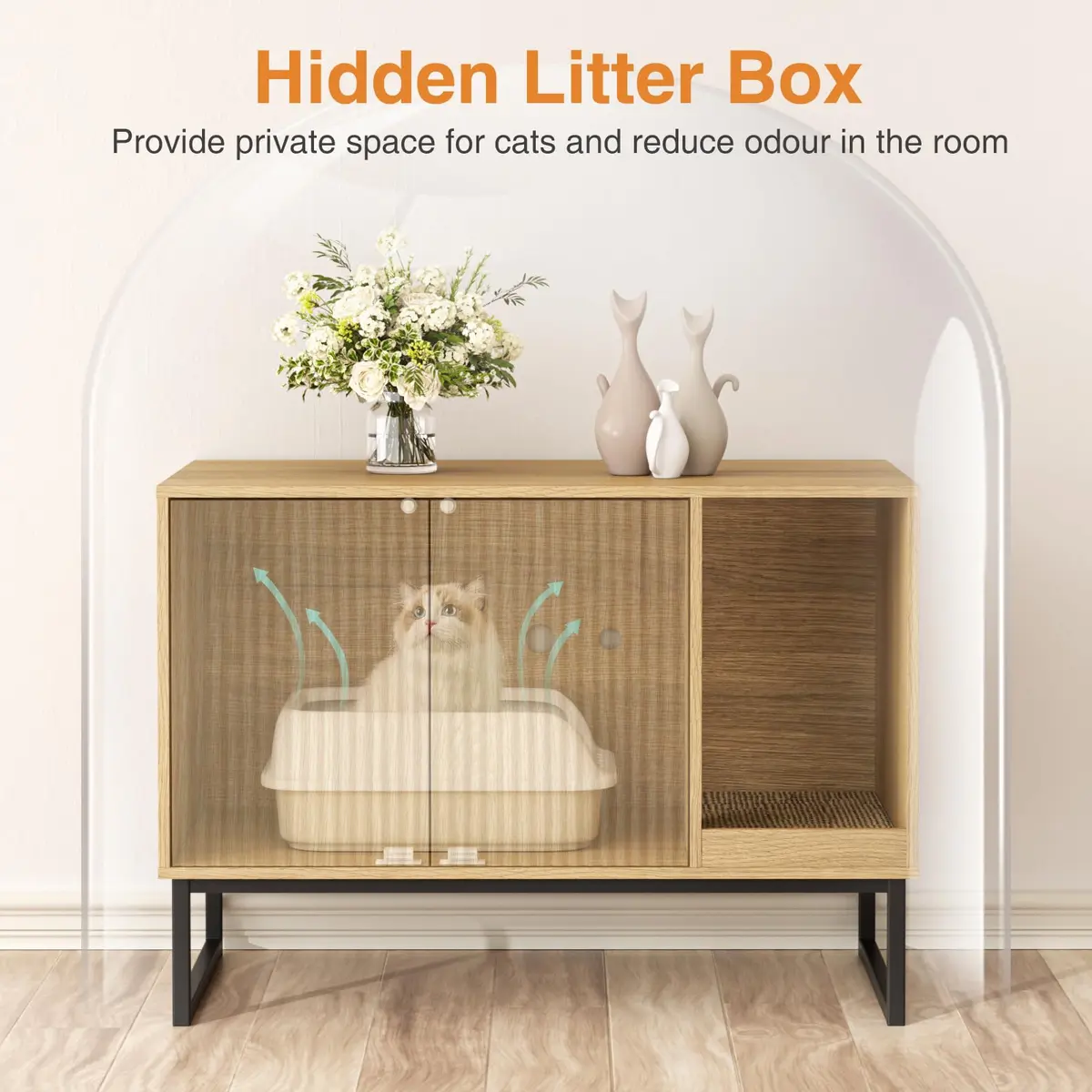 FiveWillowise Cat Litter Box Enclosure, Modern Fluted Design, 31.5 x 17.7 x 21.7 Inches, Natural - view 3