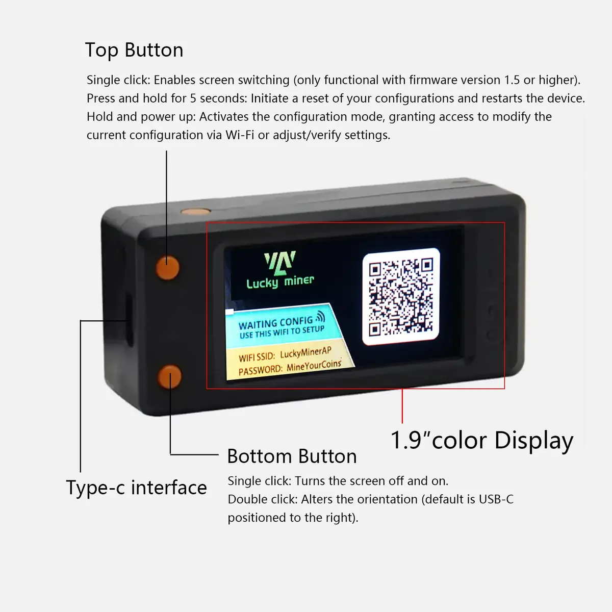 Lucky Miner LV02 Bitcoin Lottery Miner 78KH/s 1.9" Color Display USB-C WiFi | Solo Mining Power Device - view 4