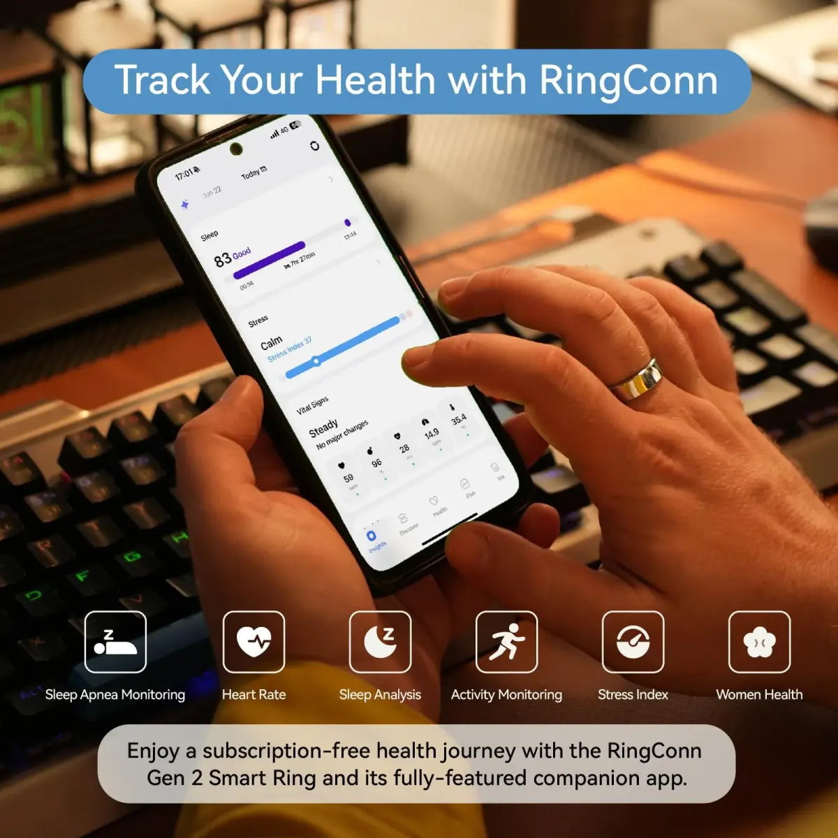 RingConn Gen 2 Smart Ring Titanium Sleep Apnea Monitoring Silver Size 10 | Advanced Health Tracking - view 3