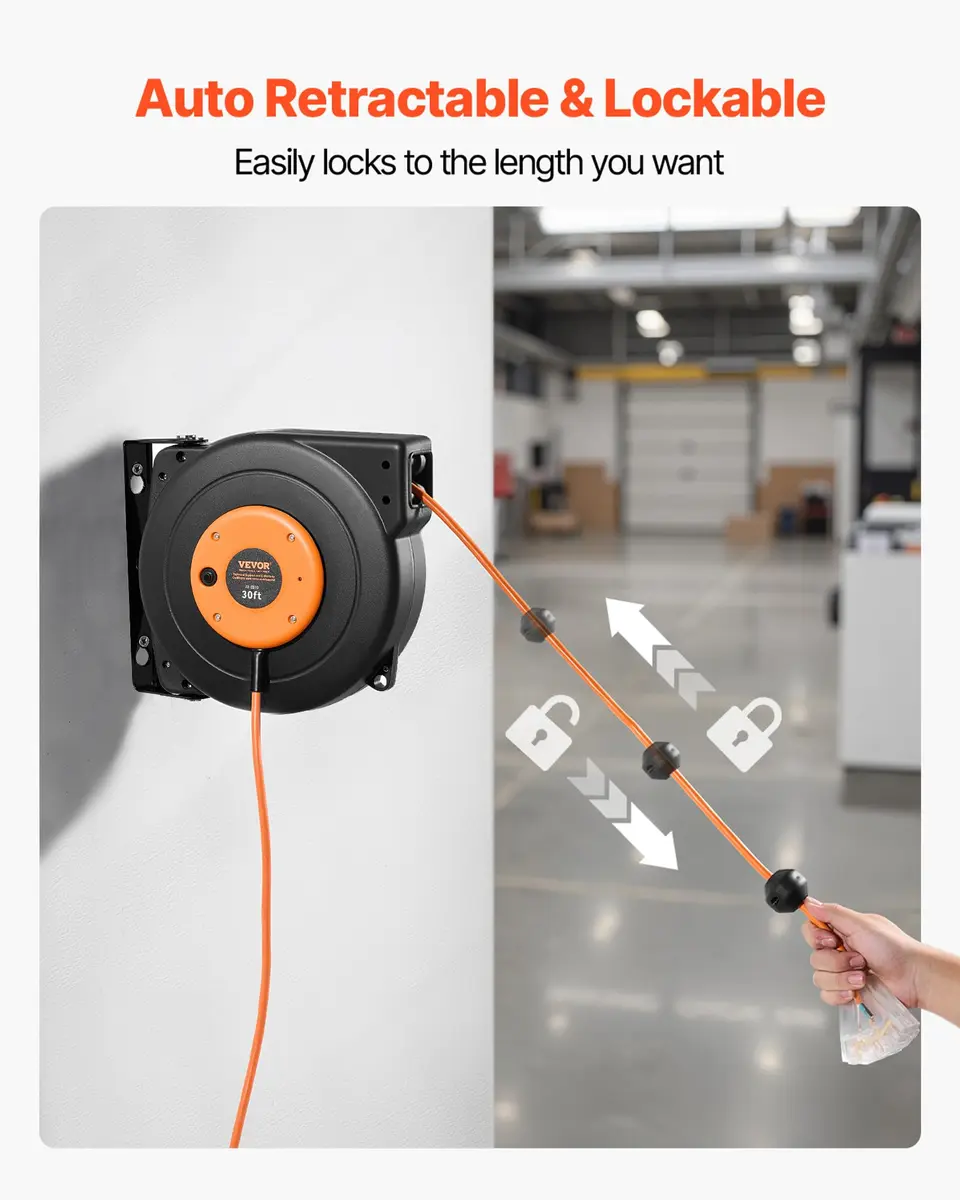 VEVOR 30FT Retractable Extension Cord Reel 9.14m (30ft) | Heavy Duty 16AWG SJTOW Cord with 10A Circuit Breaker - view 5