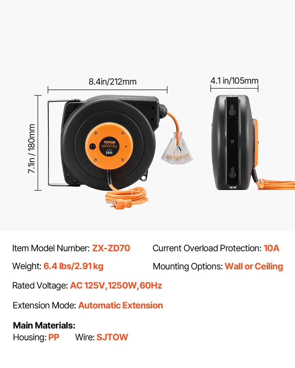VEVOR 30FT Retractable Extension Cord Reel 9.14m (30ft) | Heavy Duty 16AWG SJTOW Cord with 10A Circuit Breaker - view 7