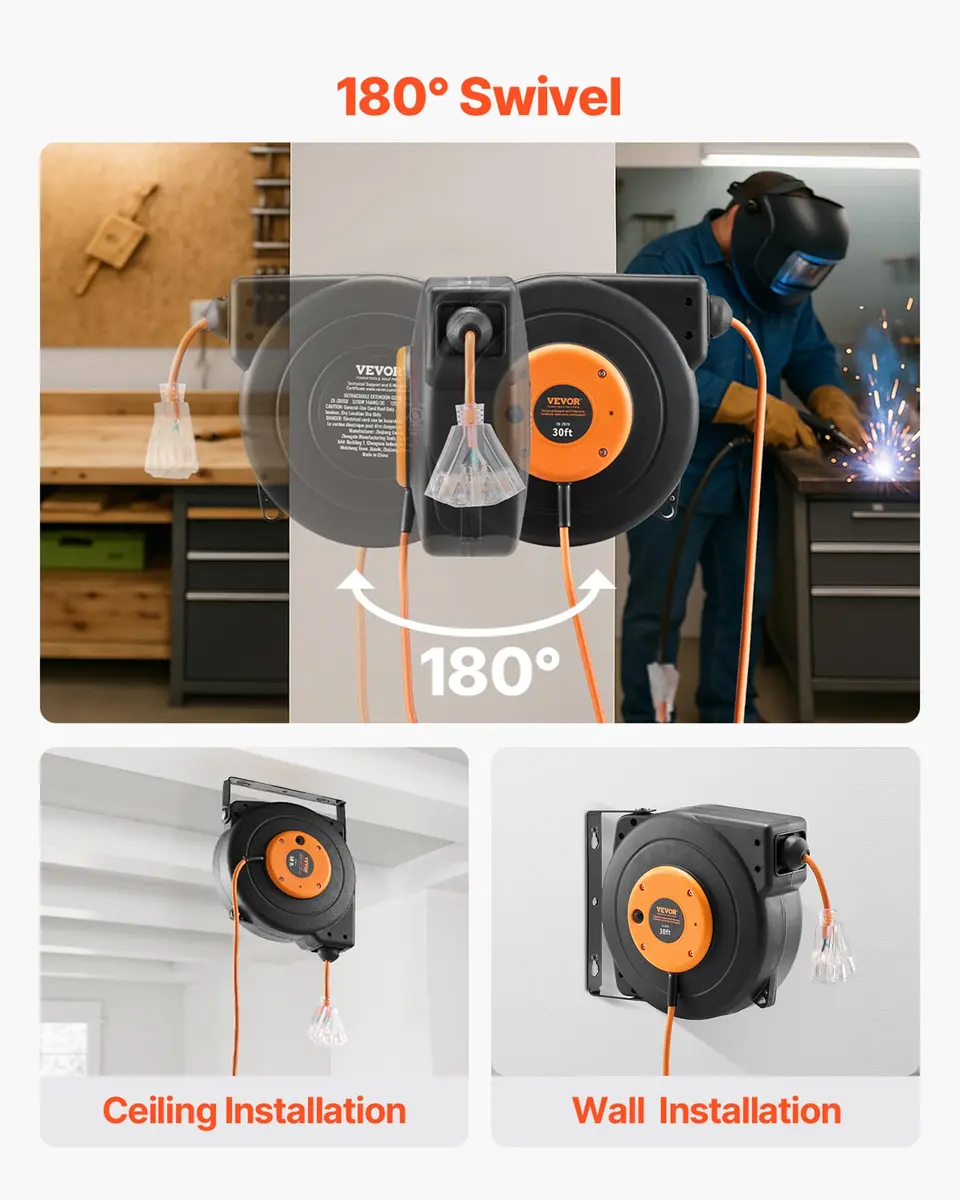 VEVOR 30FT Retractable Extension Cord Reel 9.14m (30ft) | Heavy Duty 16AWG SJTOW Cord with 10A Circuit Breaker - view 8