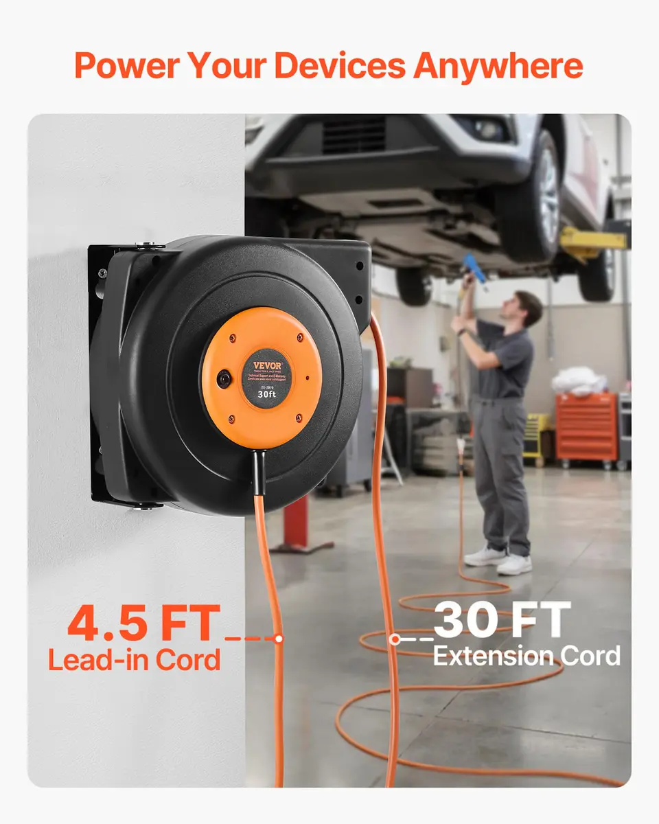 VEVOR 30FT Retractable Extension Cord Reel 9.14m (30ft) | Heavy Duty 16AWG SJTOW Cord with 10A Circuit Breaker - view 2