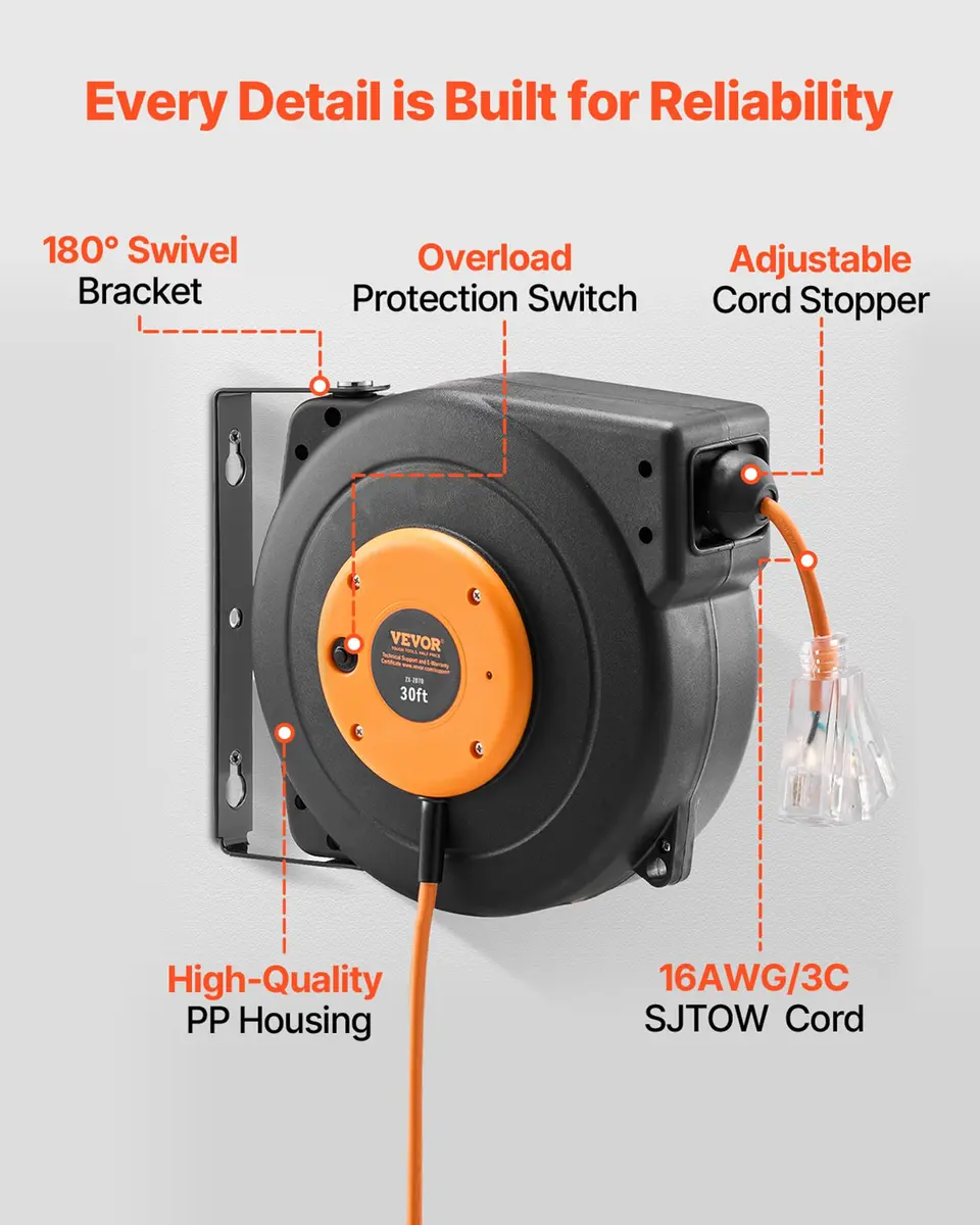 VEVOR 30FT Retractable Extension Cord Reel 9.14m (30ft) | Heavy Duty 16AWG SJTOW Cord with 10A Circuit Breaker - view 3
