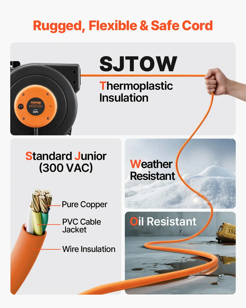 VEVOR 30FT Retractable Extension Cord Reel 9.14m (30ft) | Heavy Duty 16AWG SJTOW Cord with 10A Circuit Breaker - view 4