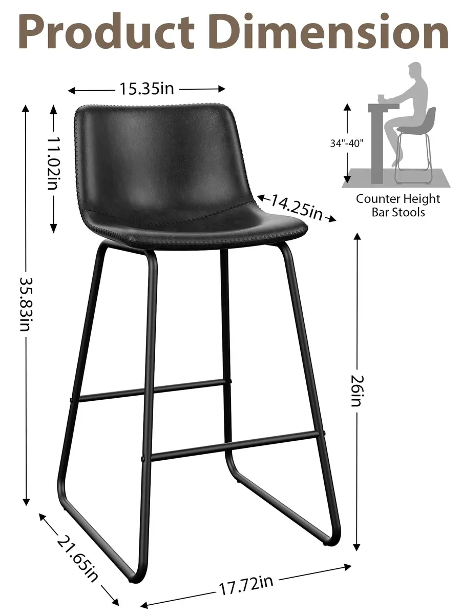 Aowos 26in Counter Height Bar Stools Set of 2 | Faux Leather & Metal Legs, Modern Design, Supports 300 lbs - view 5