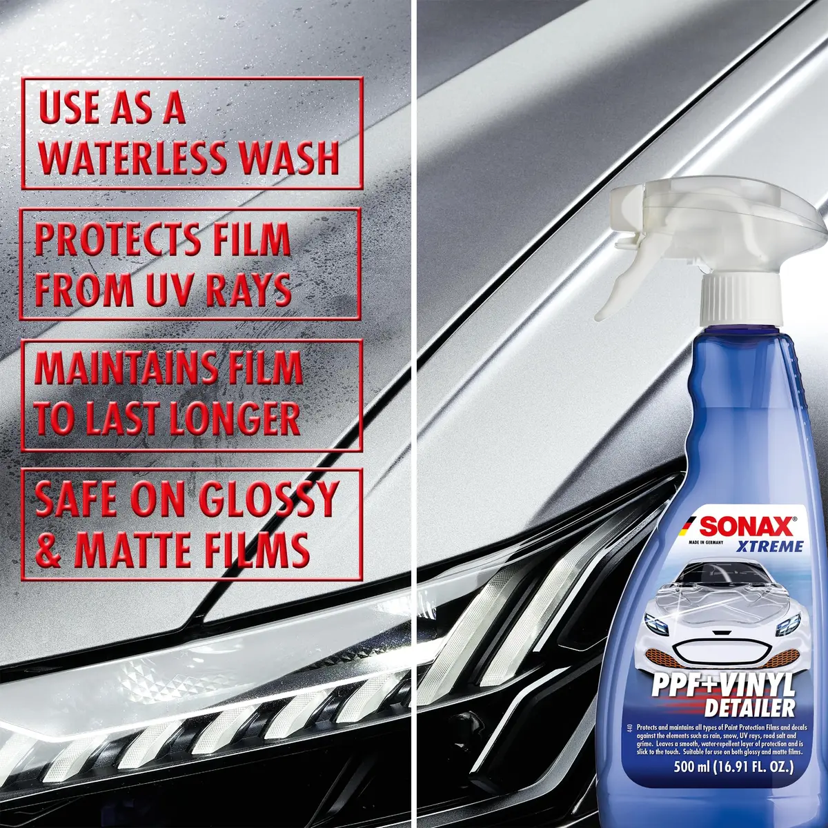 SONAX PPF + Vinyl Detailer Protection & Maintenance for Paint Protection Films & Decals 500ml | Water-Repellent & UV Protection for Glossy & Matte Finishes - view 3