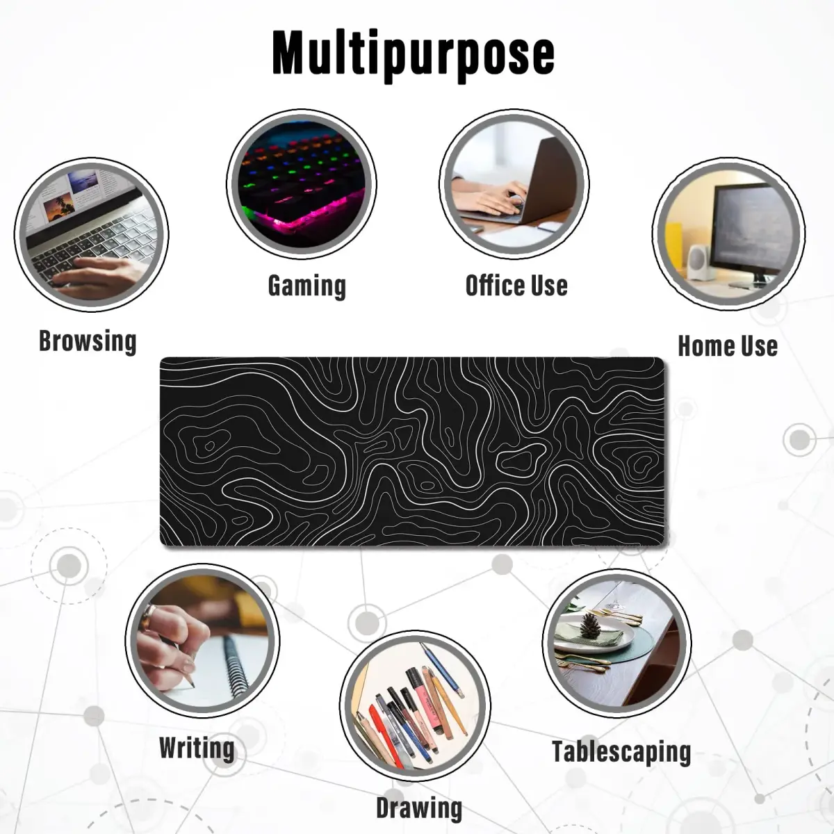 Ovenbird Large Gaming Mouse Pad with Stitched Edges, Topographic Map Topo Mousepad Gaming, Extended XL Large Mousepad with Anti-Slip Base, Cool Mouse Pads for Desk, 80 cm x 30 cm (31.5 x 11.8 in), Black - view 7