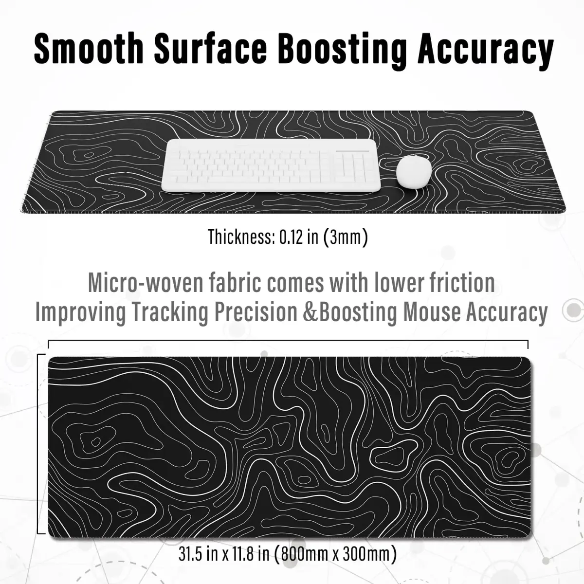 Ovenbird Large Gaming Mouse Pad with Stitched Edges, Topographic Map Topo Mousepad Gaming, Extended XL Large Mousepad with Anti-Slip Base, Cool Mouse Pads for Desk, 80 cm x 30 cm (31.5 x 11.8 in), Black - view 3