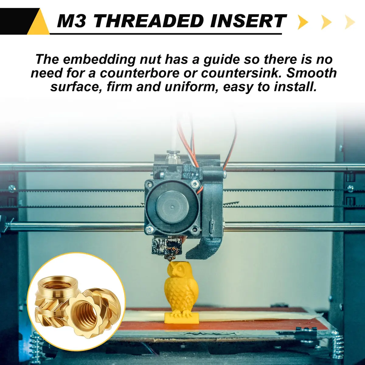 Yaocom M3 Threaded Inserts 300 pcs | Brass Heat Set, Gold, 4mm Length, Heat & Ultrasonic Install - view 5