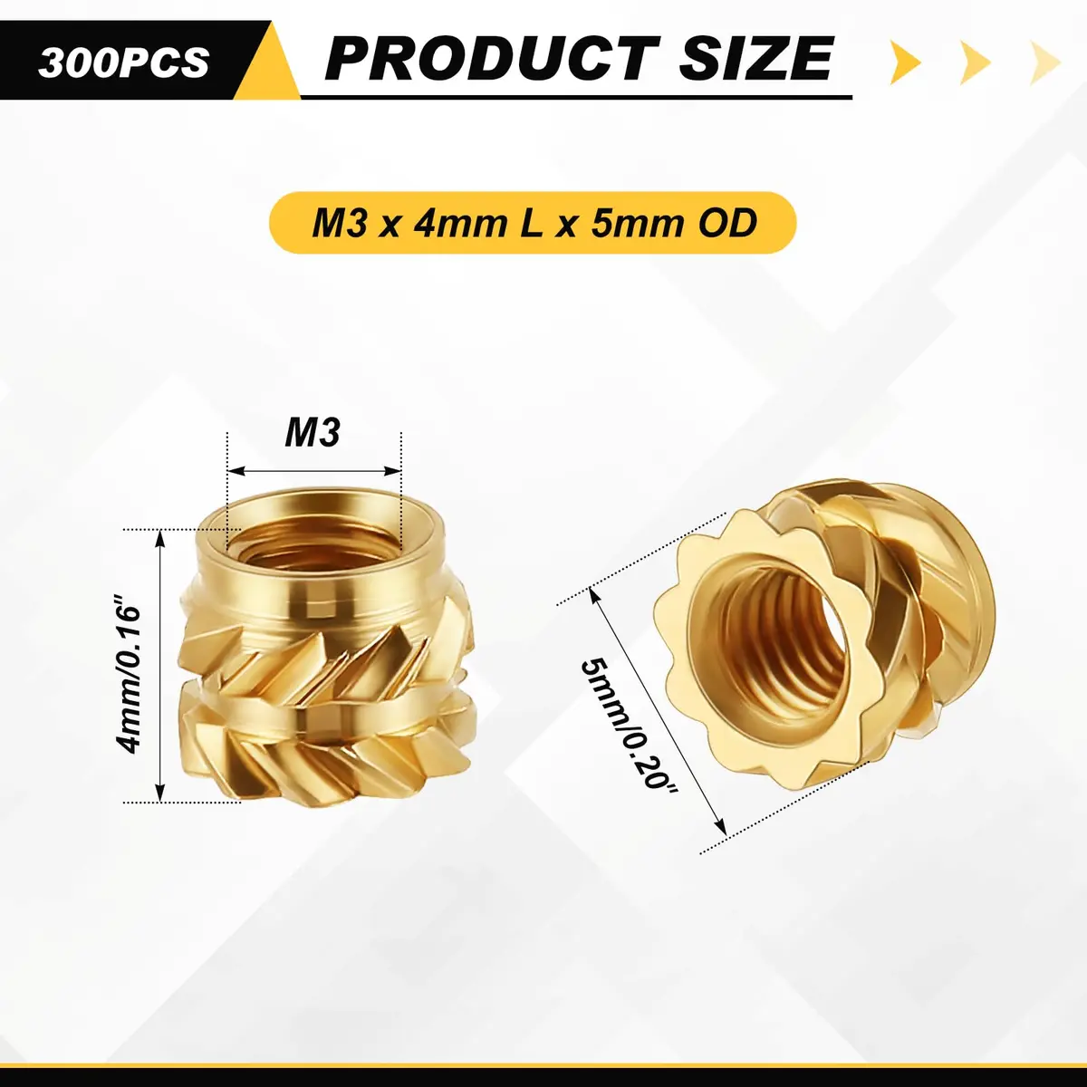 Yaocom M3 Threaded Inserts 300 pcs | Brass Heat Set, Gold, 4mm Length, Heat & Ultrasonic Install - view 2