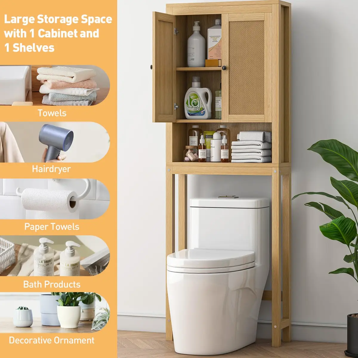 knoworld Rattan Over The Toilet Storage Cabinet | Space Saver for Bathroom & Laundry - view 7