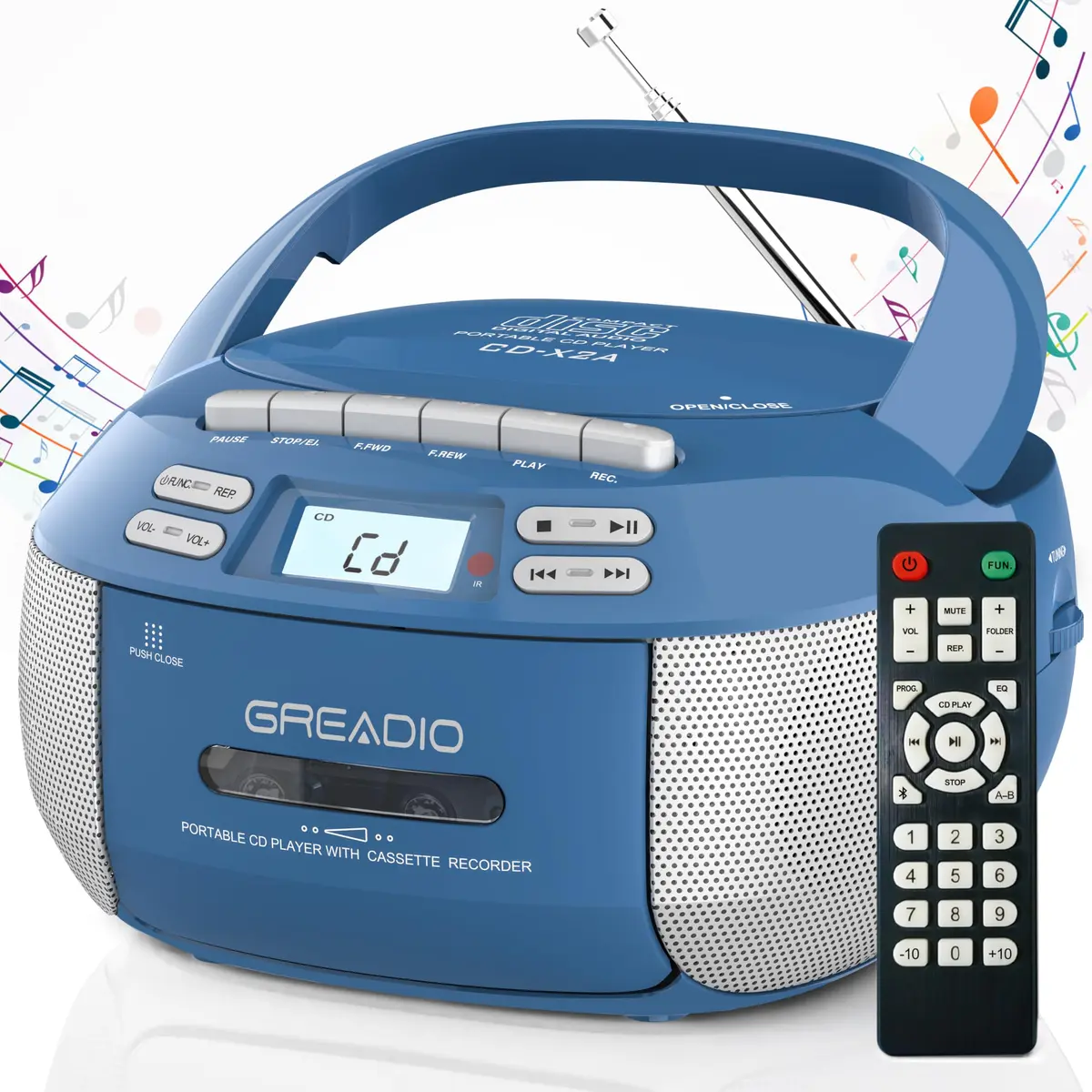 Greadio Boombox CD and Cassette Player Combo with Bluetooth, AM/FM Radio, USB, AUX, 15W Stereo Speakers, Blue | Relive Music Nostalgia with Modern Tech - main product image