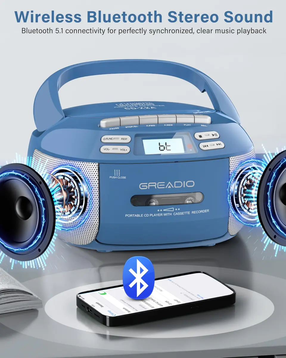 Greadio Boombox CD and Cassette Player Combo with Bluetooth, AM/FM Radio, USB, AUX, 15W Stereo Speakers, Blue | Relive Music Nostalgia with Modern Tech - view 5