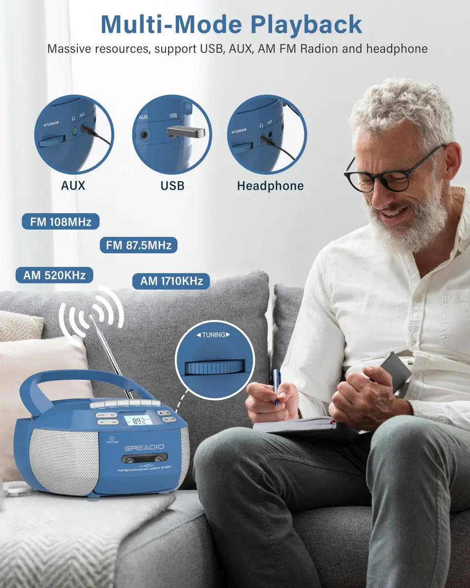 Greadio Boombox CD and Cassette Player Combo with Bluetooth, AM/FM Radio, USB, AUX, 15W Stereo Speakers, Blue | Relive Music Nostalgia with Modern Tech - view 6