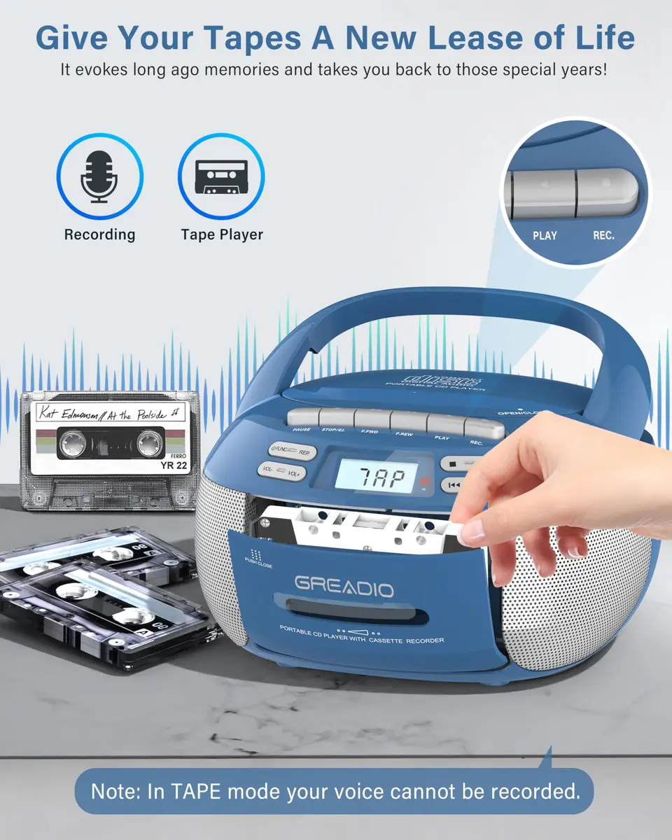 Greadio Boombox CD and Cassette Player Combo with Bluetooth, AM/FM Radio, USB, AUX, 15W Stereo Speakers, Blue | Relive Music Nostalgia with Modern Tech - view 4