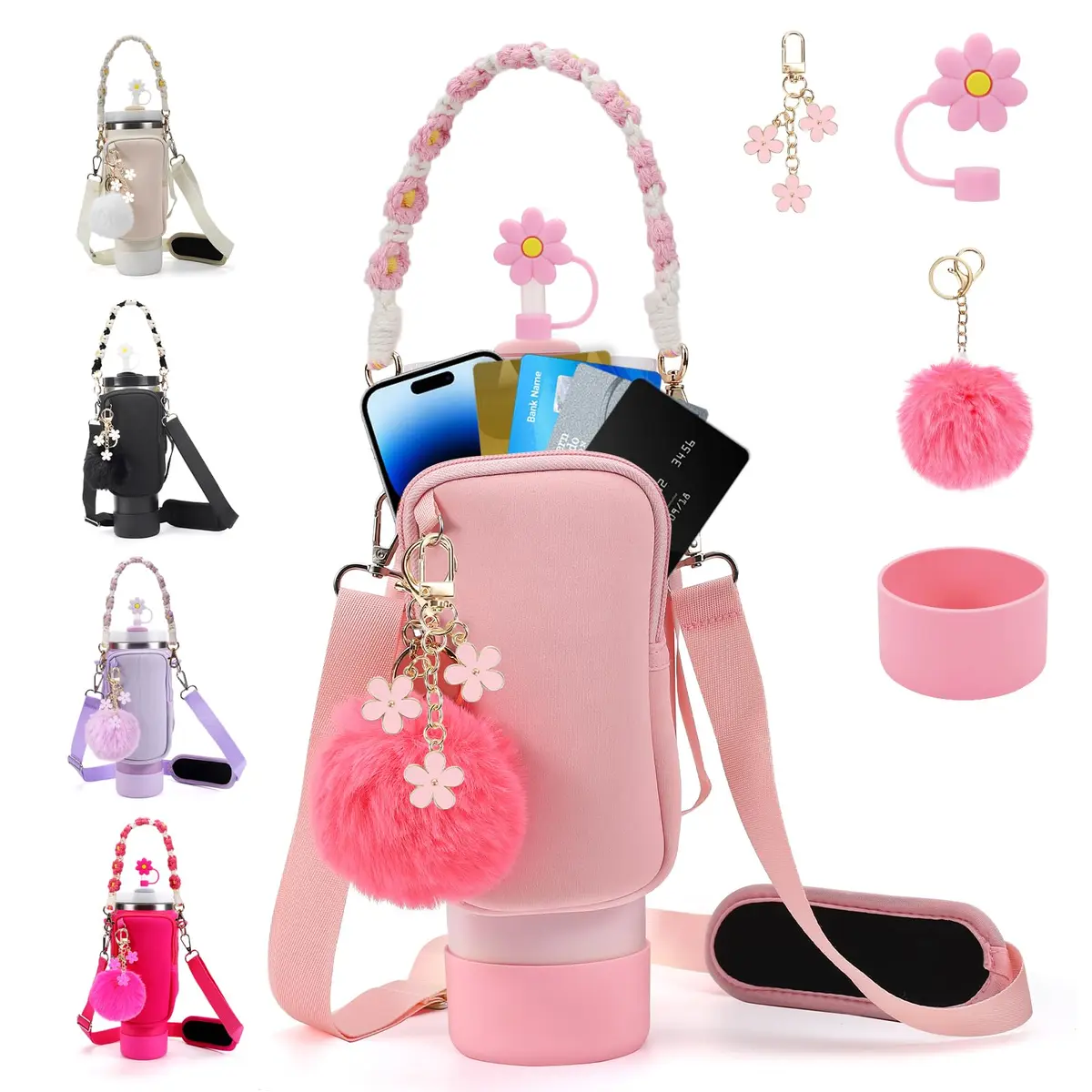 3tyto Pink 40oz Stanley Cup Accessories Set with Carrier Bag, Strap, Boot, Straw Cover, Charms | Bohemian Style - main product image