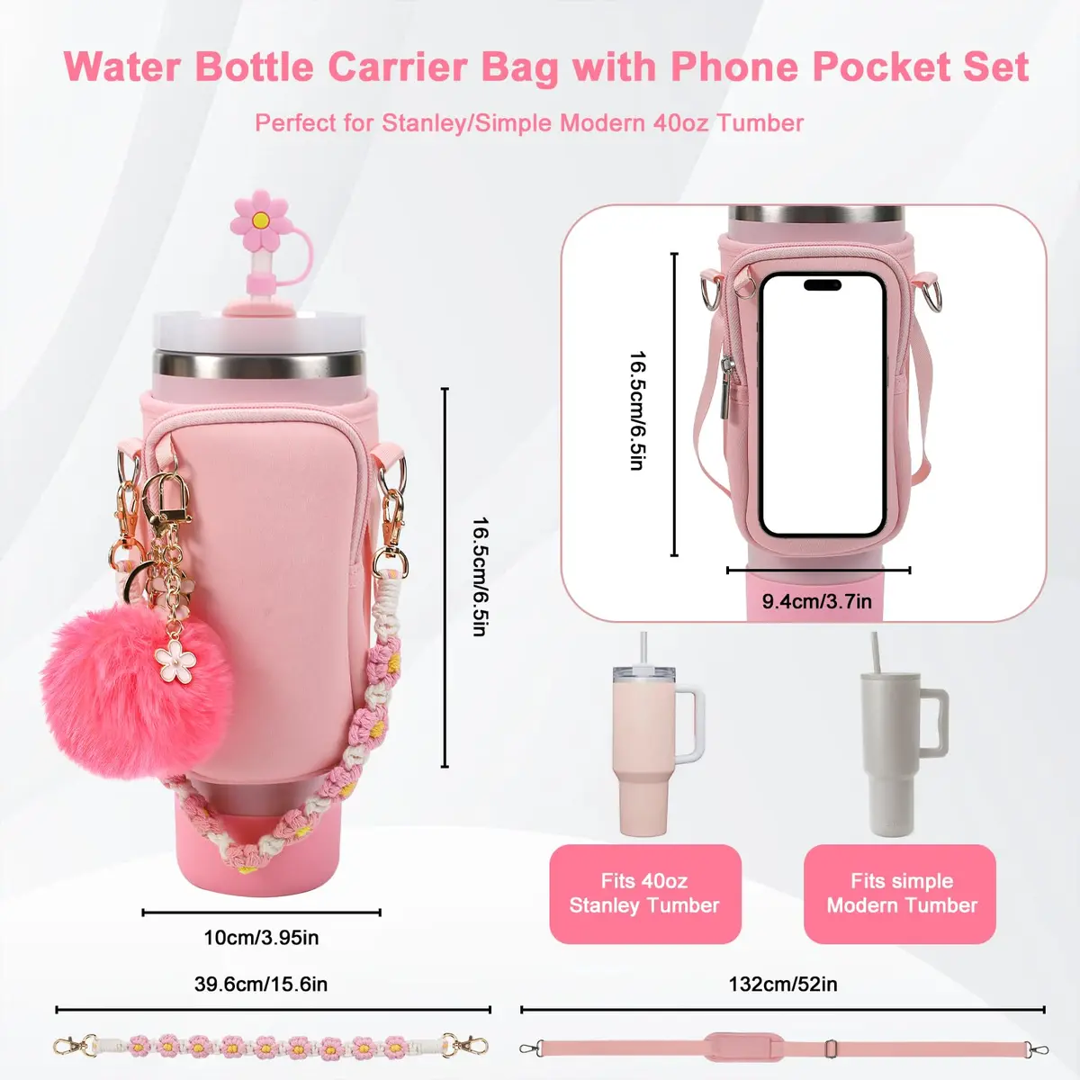 3tyto Pink 40oz Stanley Cup Accessories Set with Carrier Bag, Strap, Boot, Straw Cover, Charms | Bohemian Style - view 2