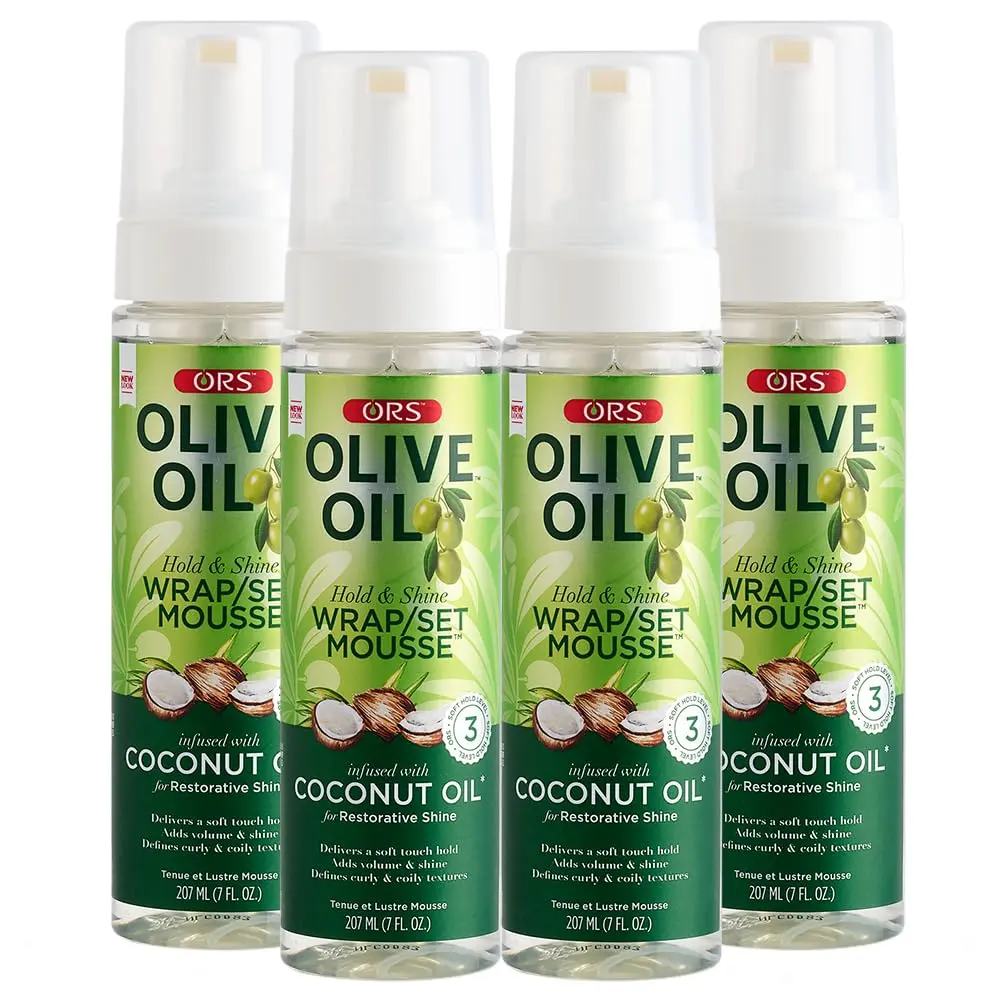 ORS Olive Oil Hold & Shine Wrap Set Mousse 7 oz (Pack of 4) | Coconut Infused for Restorative Shine - main product image
