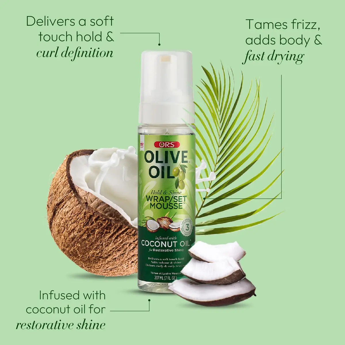ORS Olive Oil Hold & Shine Wrap Set Mousse 7 oz | Coconut Oil Infused for Restorative Shine - view 2