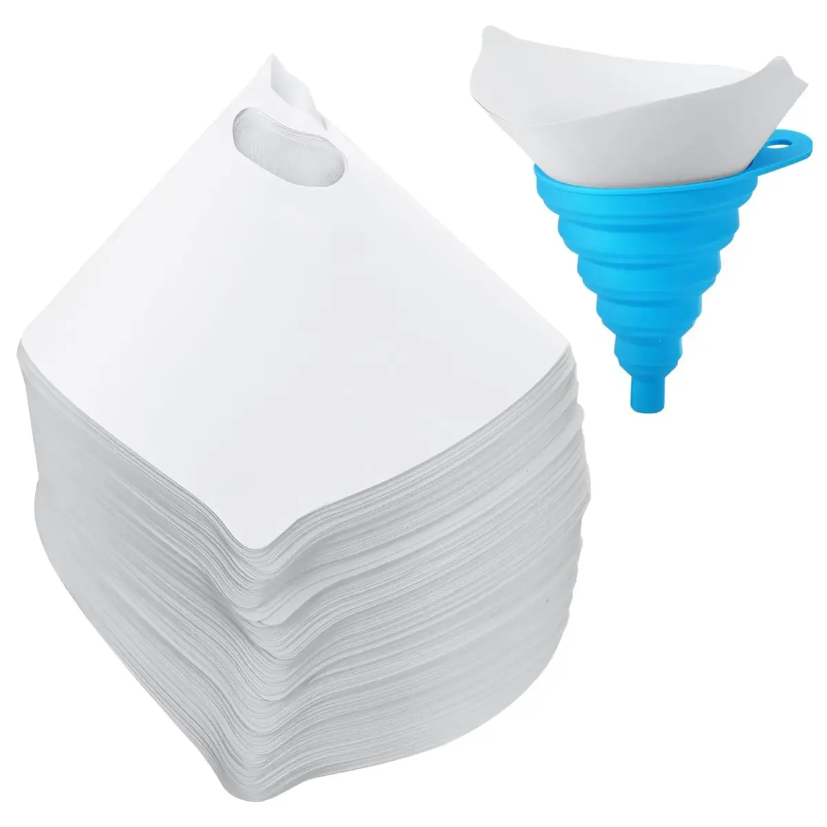 JANYUN 100Pcs Paint Filter Strainer with Blue Silicone Funnel, 190 Micron Mesh, 16.3cm x 22.2cm x 3.3cm - main product image