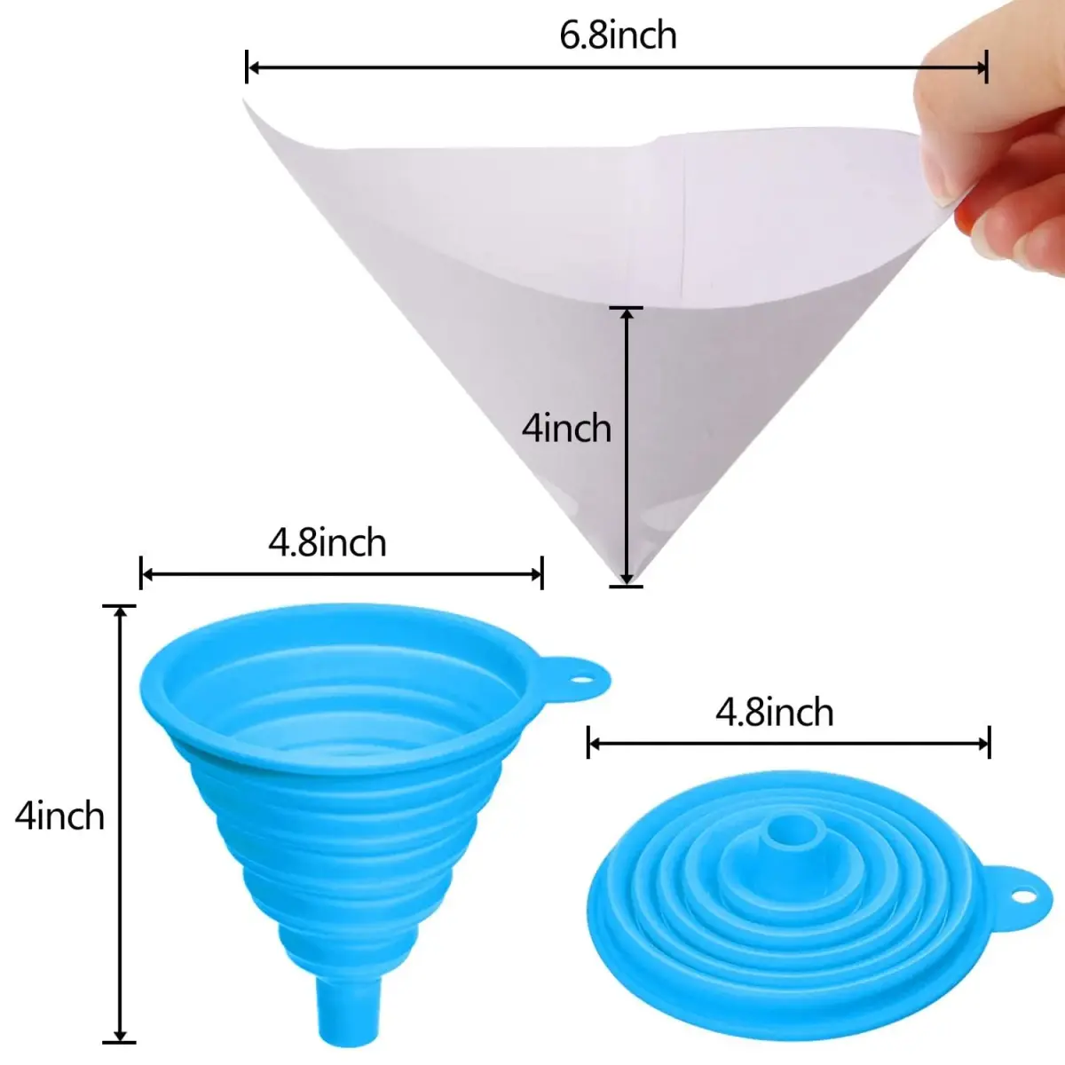 JANYUN 100Pcs Paint Filter Strainer with Blue Silicone Funnel, 190 Micron Mesh, 16.3cm x 22.2cm x 3.3cm - view 2