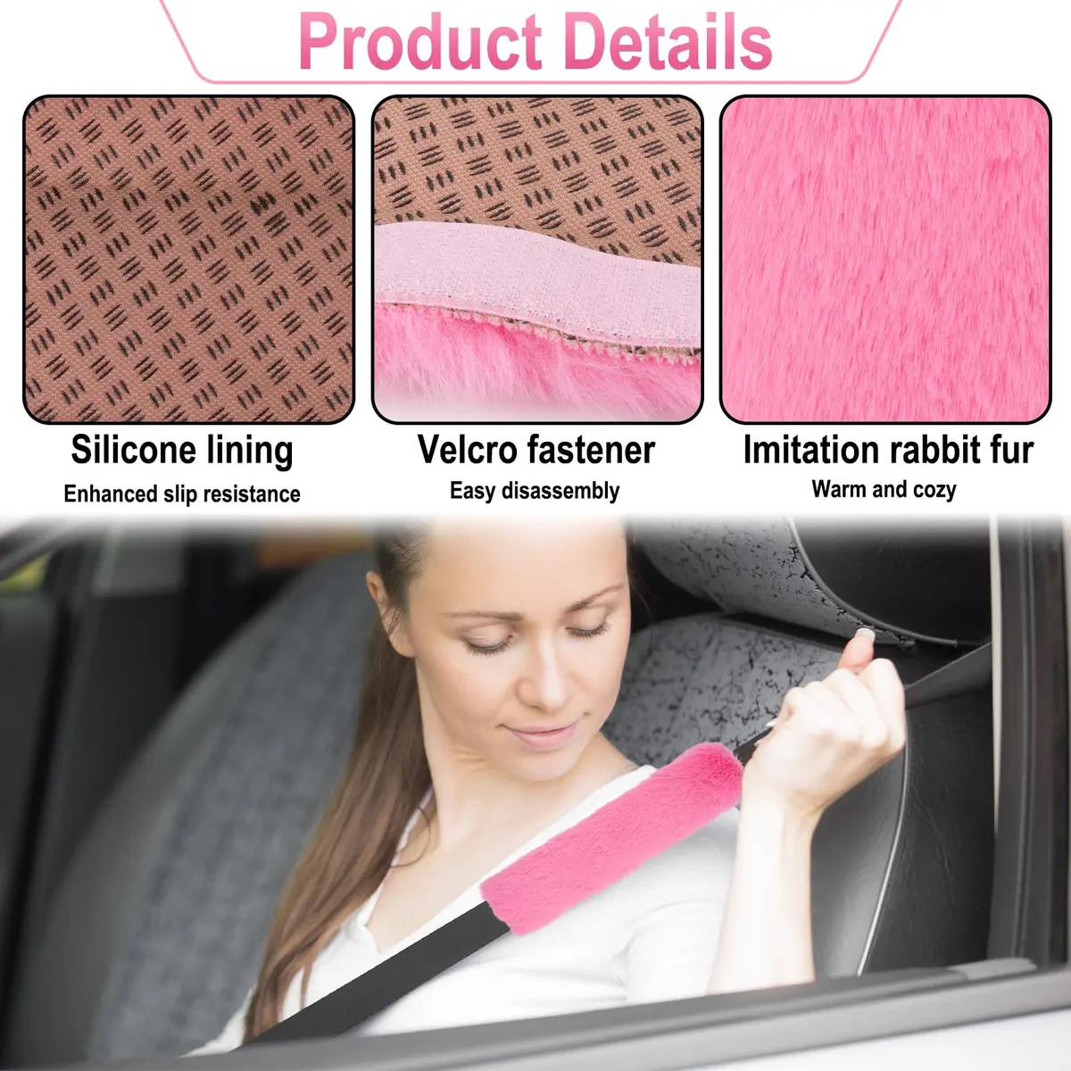 BFXM Fluffy Steering Wheel Cover Set with Seat Belt Pads, 15 inch Pink Faux Fur | Universal Fit for Cars SUVs Trucks - view 4