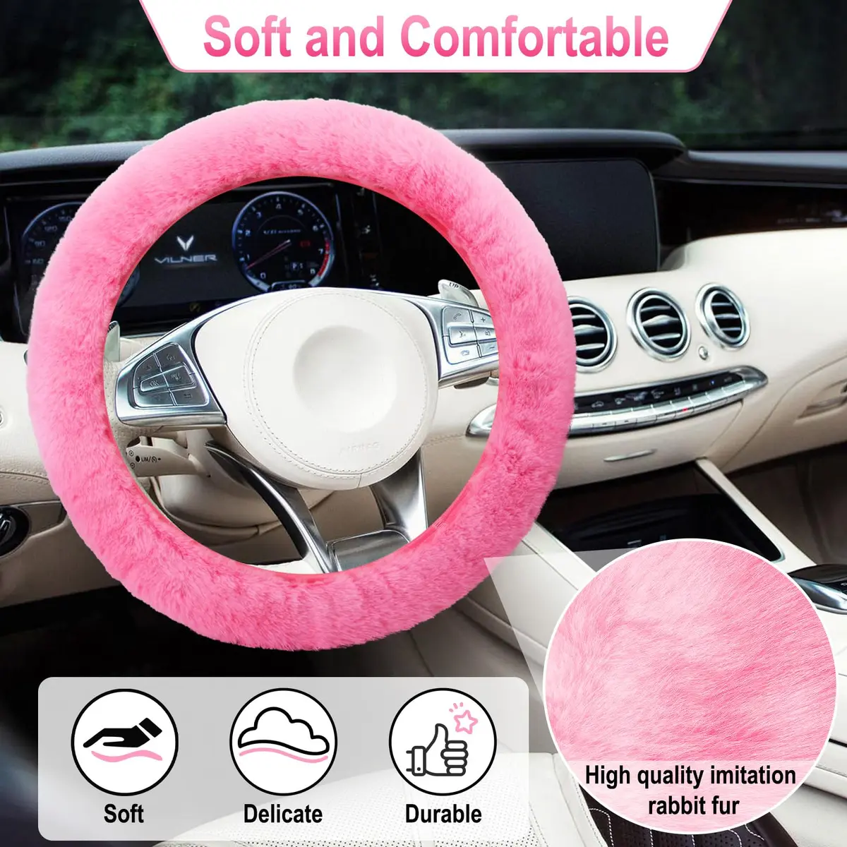 BFXM Fluffy Steering Wheel Cover Set with Seat Belt Pads, 15 inch Pink Faux Fur | Universal Fit for Cars SUVs Trucks - view 5