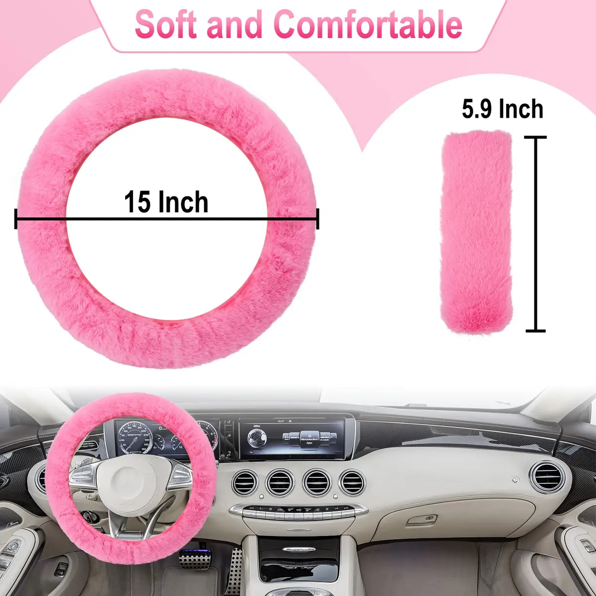 BFXM Fluffy Steering Wheel Cover Set with Seat Belt Pads, 15 inch Pink Faux Fur | Universal Fit for Cars SUVs Trucks - view 2