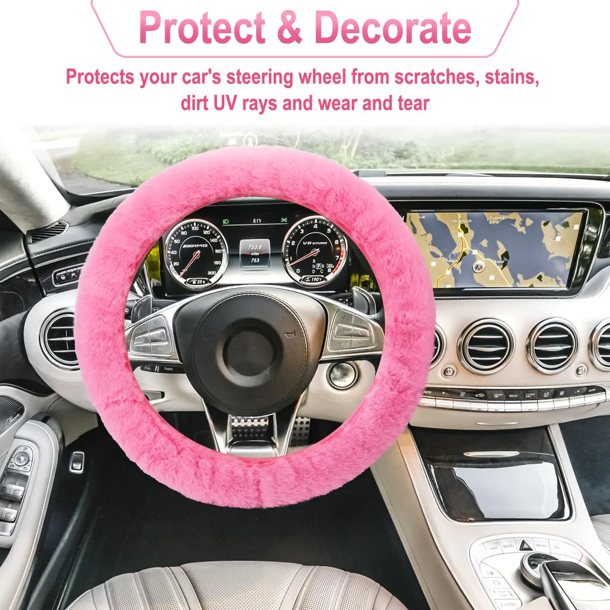 BFXM Fluffy Steering Wheel Cover Set with Seat Belt Pads, 15 inch Pink Faux Fur | Universal Fit for Cars SUVs Trucks - view 3