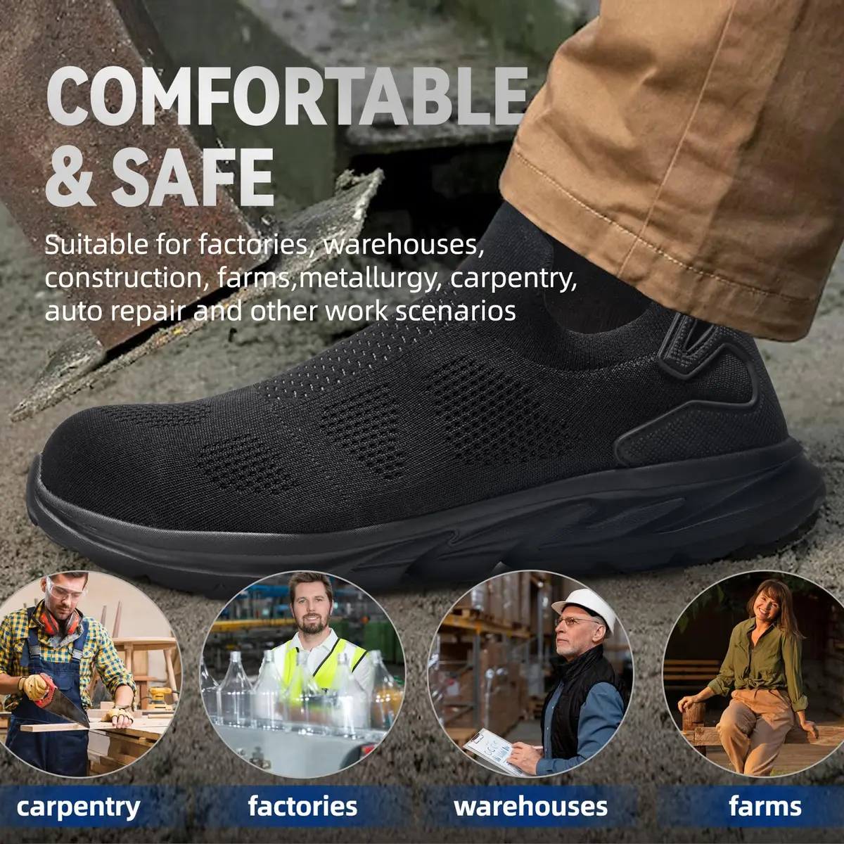 Furuian Slip On Steel Toe Safety Shoes for Men Lightweight Breathable Steel Toe Work Sneakers Comfortable Non Slip Safety Work Tennis Shoes for Men Black - view 7