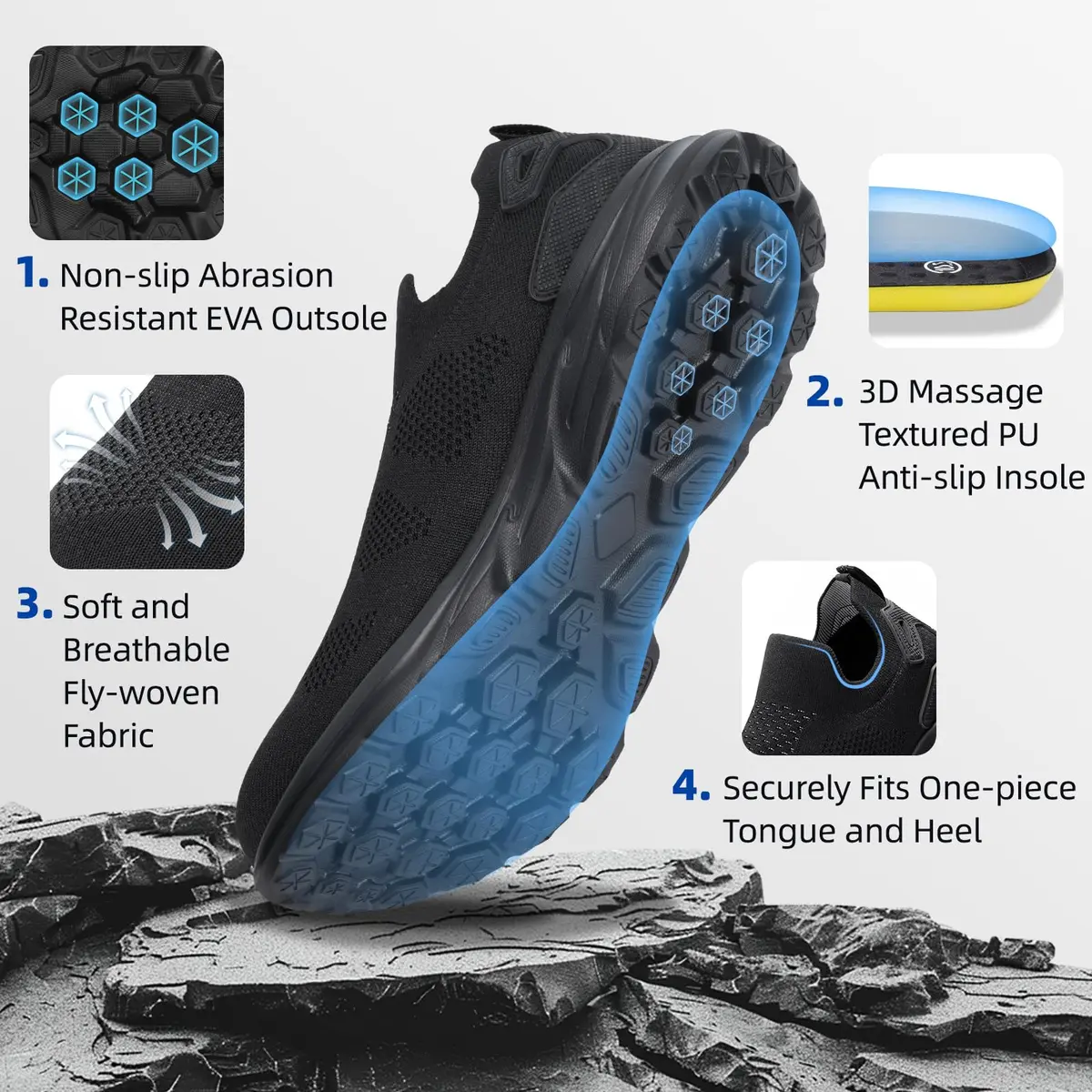 Furuian Slip On Steel Toe Safety Shoes for Men Lightweight Breathable Steel Toe Work Sneakers Comfortable Non Slip Safety Work Tennis Shoes for Men Black | Impact-Resistant Construction Footwear - view 3