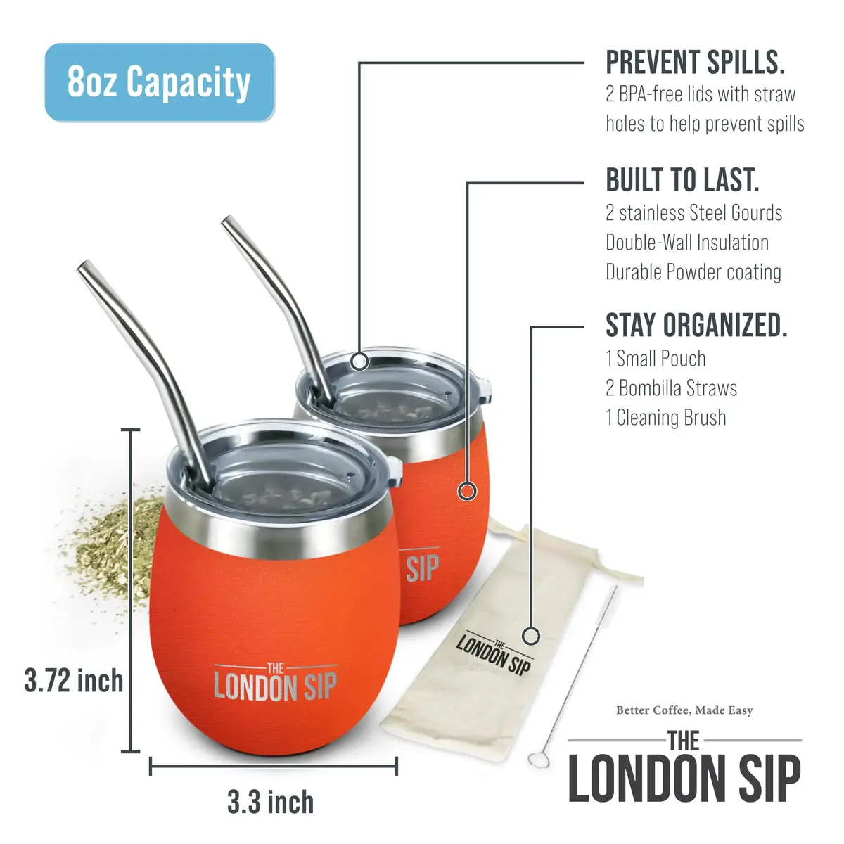 The London Sip Yerba Mate Cup and Bombilla Set, 8 oz, Stainless Steel, Modern Design, Orange - view 2