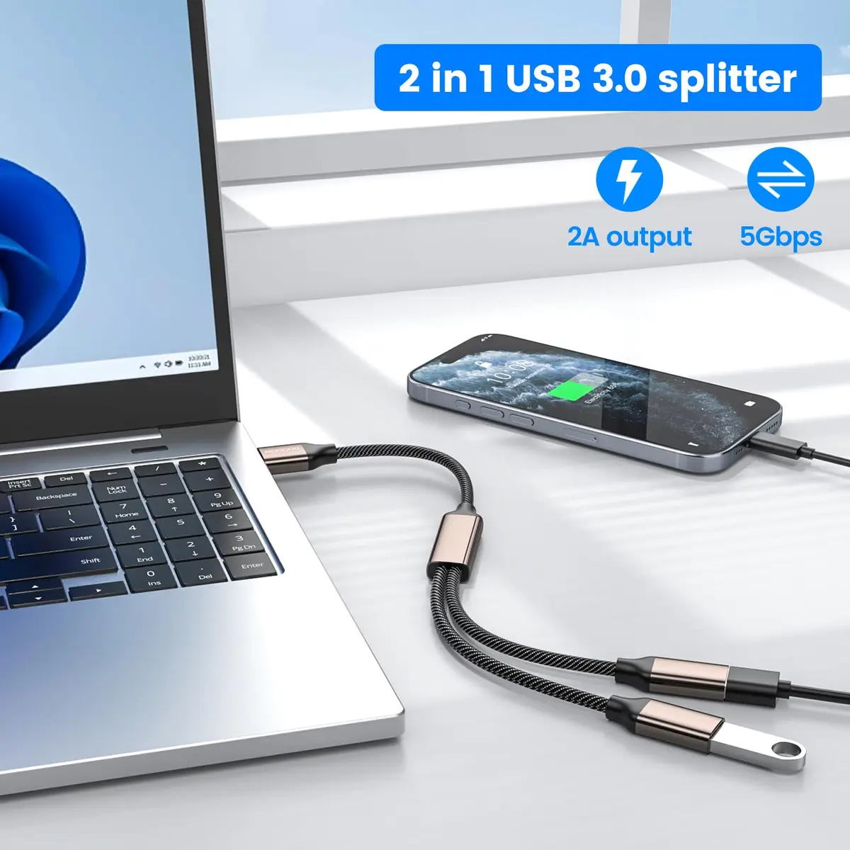MOGOOD USB 3.0 Splitter Y Cable 25cm (9.8in) | Expands 1 USB-A to 2 Ports for Laptops & PCs - view 3