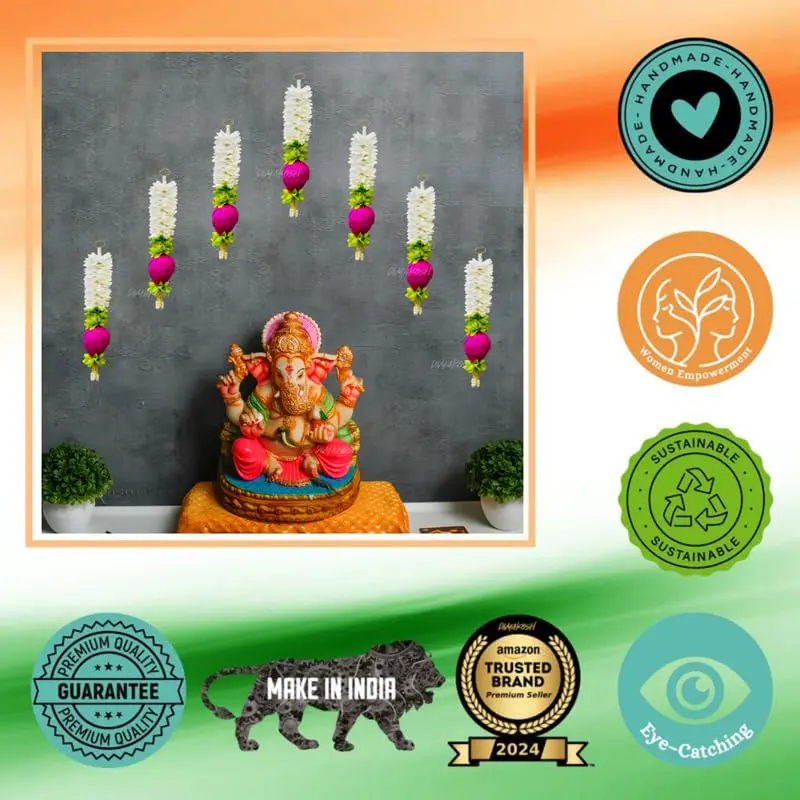 Divyakosh Lotus Hanging Gajra Set of 8 | Small 10 Inch Off-White Fabric Floral Wall Hangings | Temple & Pooja Room Decoration Items - view 8