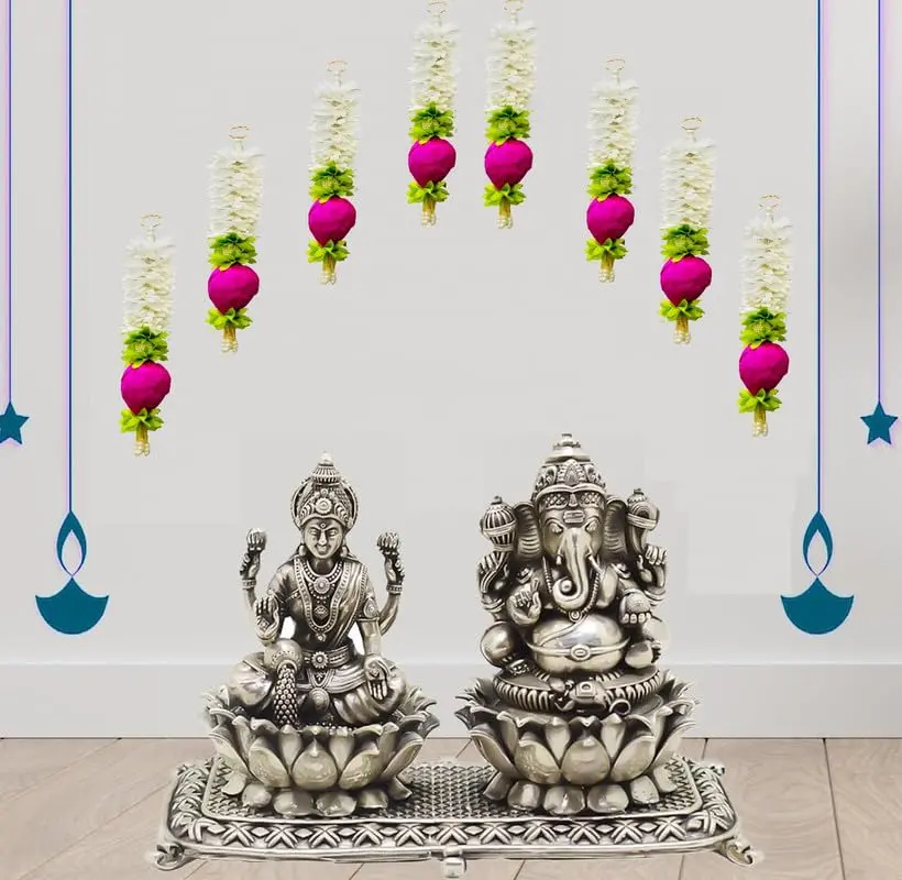 Divyakosh Lotus Hanging Gajra Set of 8 | Small 10 Inch Off-White Fabric Floral Wall Hangings | Temple & Pooja Room Decoration Items - view 9