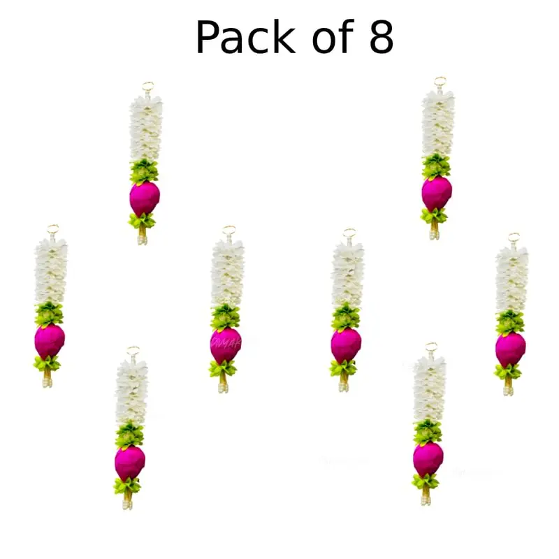 Divyakosh Lotus Hanging Gajra Set of 8 | Small 10 Inch Off-White Fabric Floral Wall Hangings | Temple & Pooja Room Decoration Items - view 2