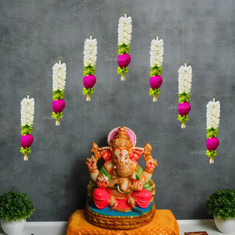 Divyakosh Lotus Hanging Gajra Set of 8 | Small 10 Inch Off-White Fabric Floral Wall Hangings | Temple & Pooja Room Decoration Items - view 5