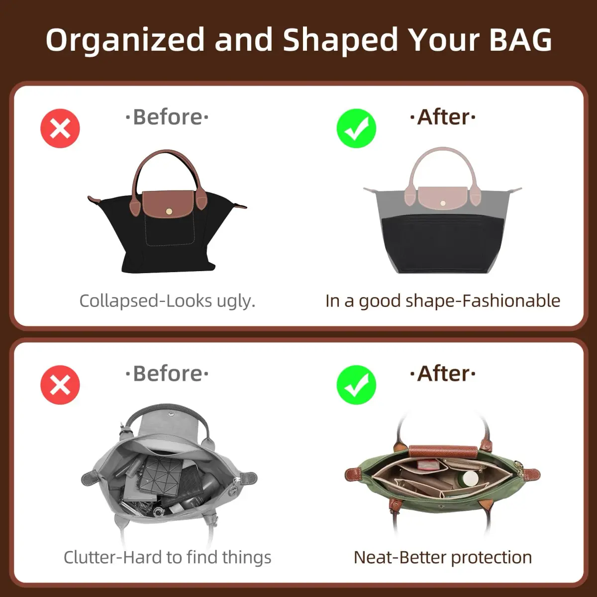 Doxo Felt Purse Organizer Insert for Longchamp Le Pliage Large Bag, Black | 27.4cm x 18.5cm x 22.1cm - view 6